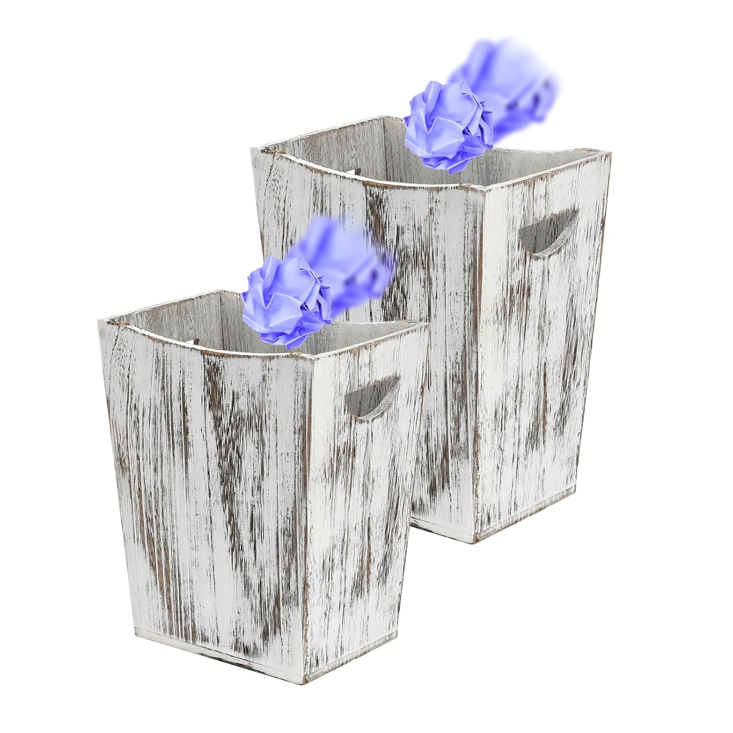 2 Pack Rustic White Wooden Trash Cans with Curve Design