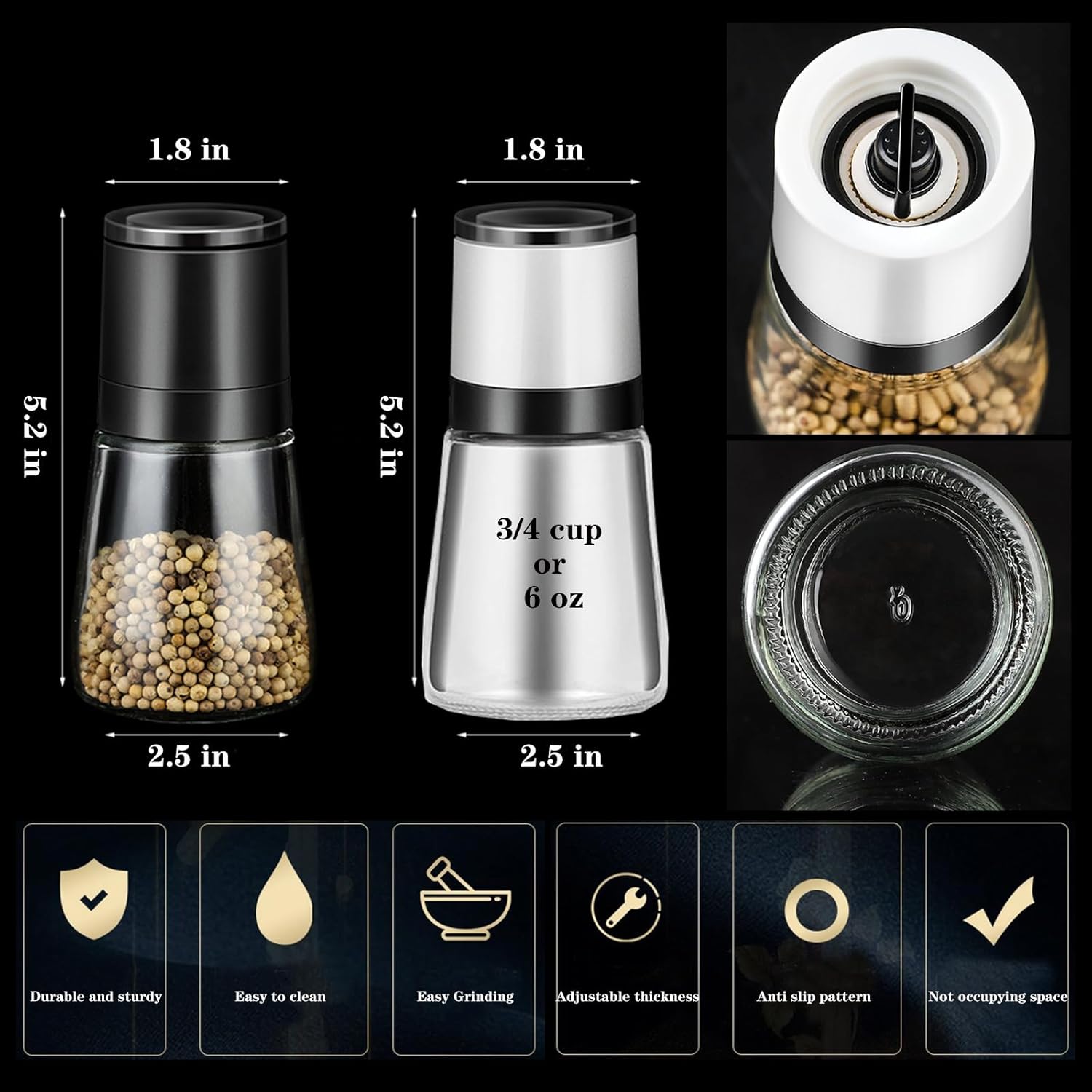 ANDONG Salt Pepper Grinder Set of 2 Black White
