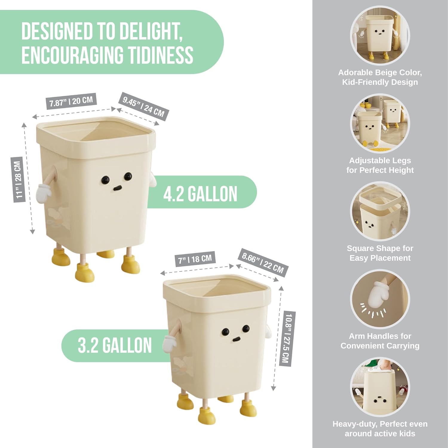 Trashaholic 42-Gallon Cute Kids Trash Can - Beige with Handles