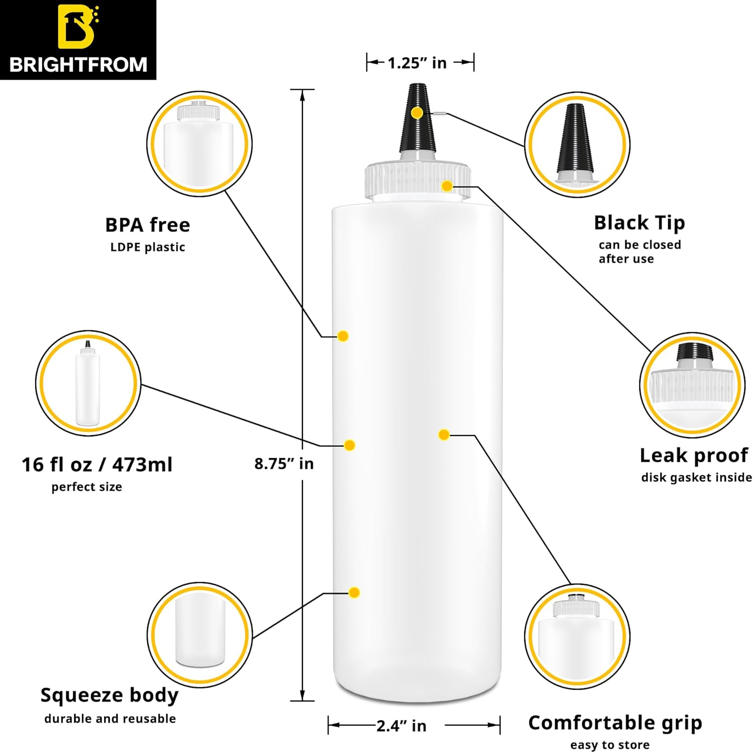 BRIGHTFROM 16 oz Squeeze Bottles 2 Pack - BPA Free Leak Proof Wide Neck