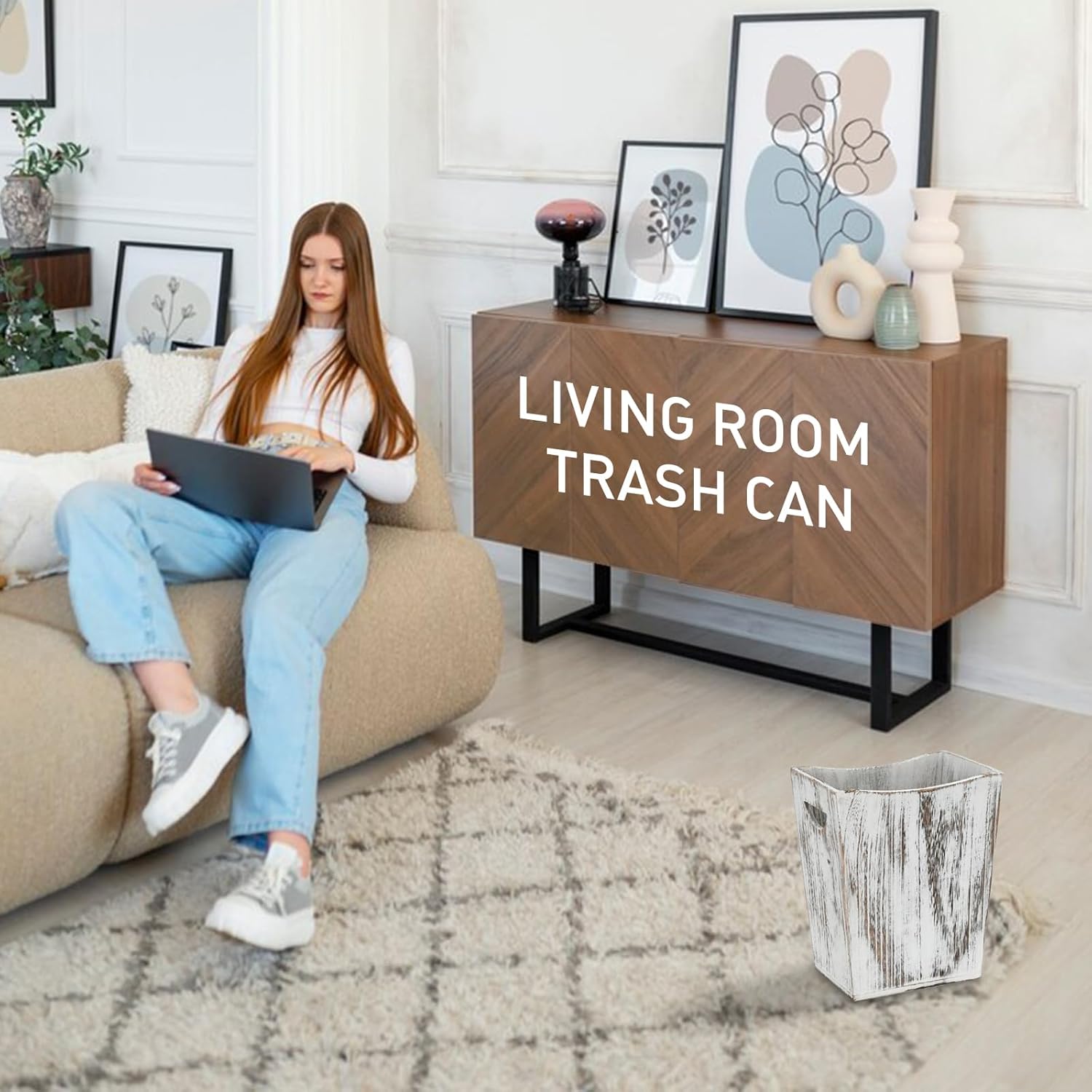 2 Pack Rustic White Wooden Trash Cans with Curve Design