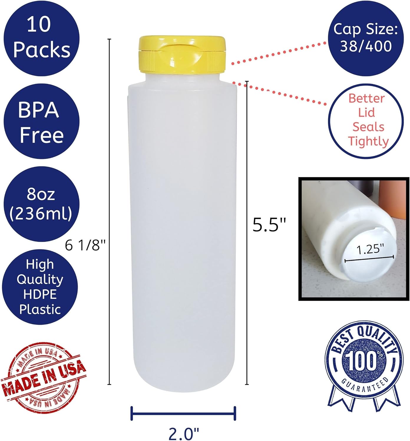 8oz HDPE Squeeze Bottles with Flip Top Caps Pack of 10