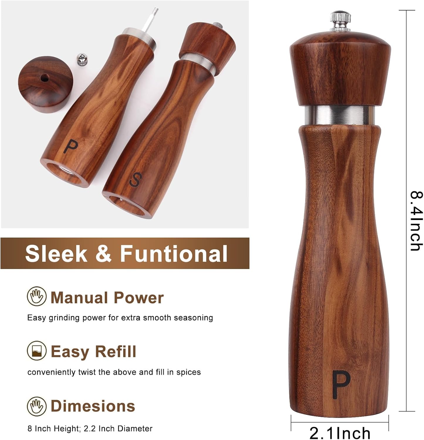 2 Pack Acacia Wood Salt Pepper Mill Set