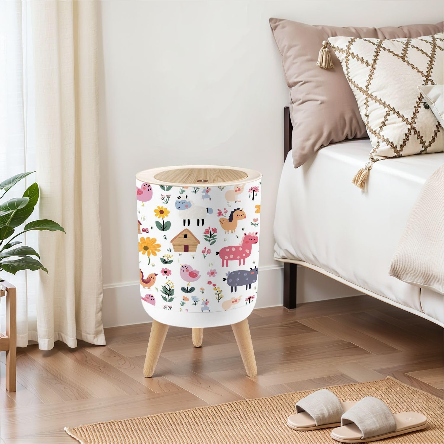 Small Trash Can with Lid Farm Animals Flowers Fruits 18 Gallon Dog Proof