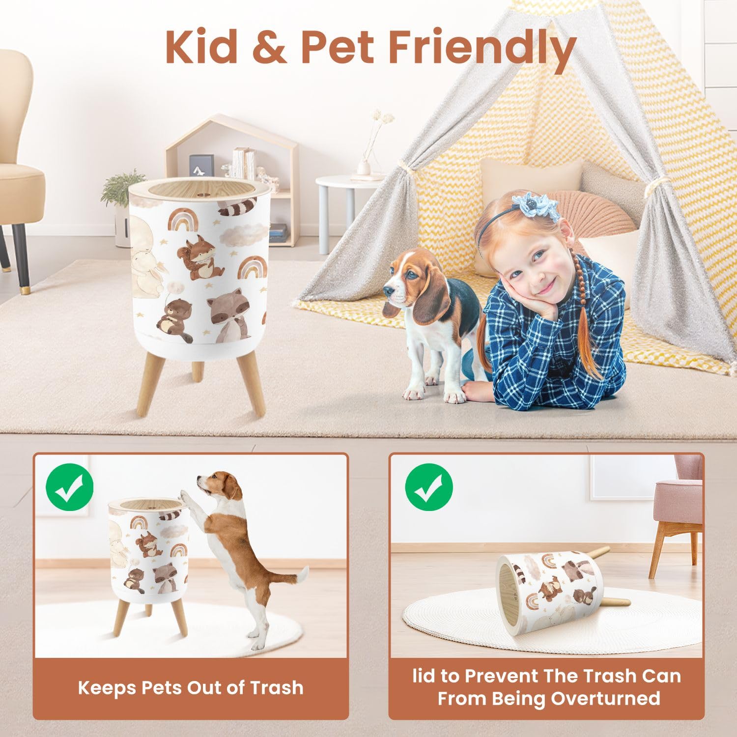 Small Forest Animal Trash Can with Lid for Kids