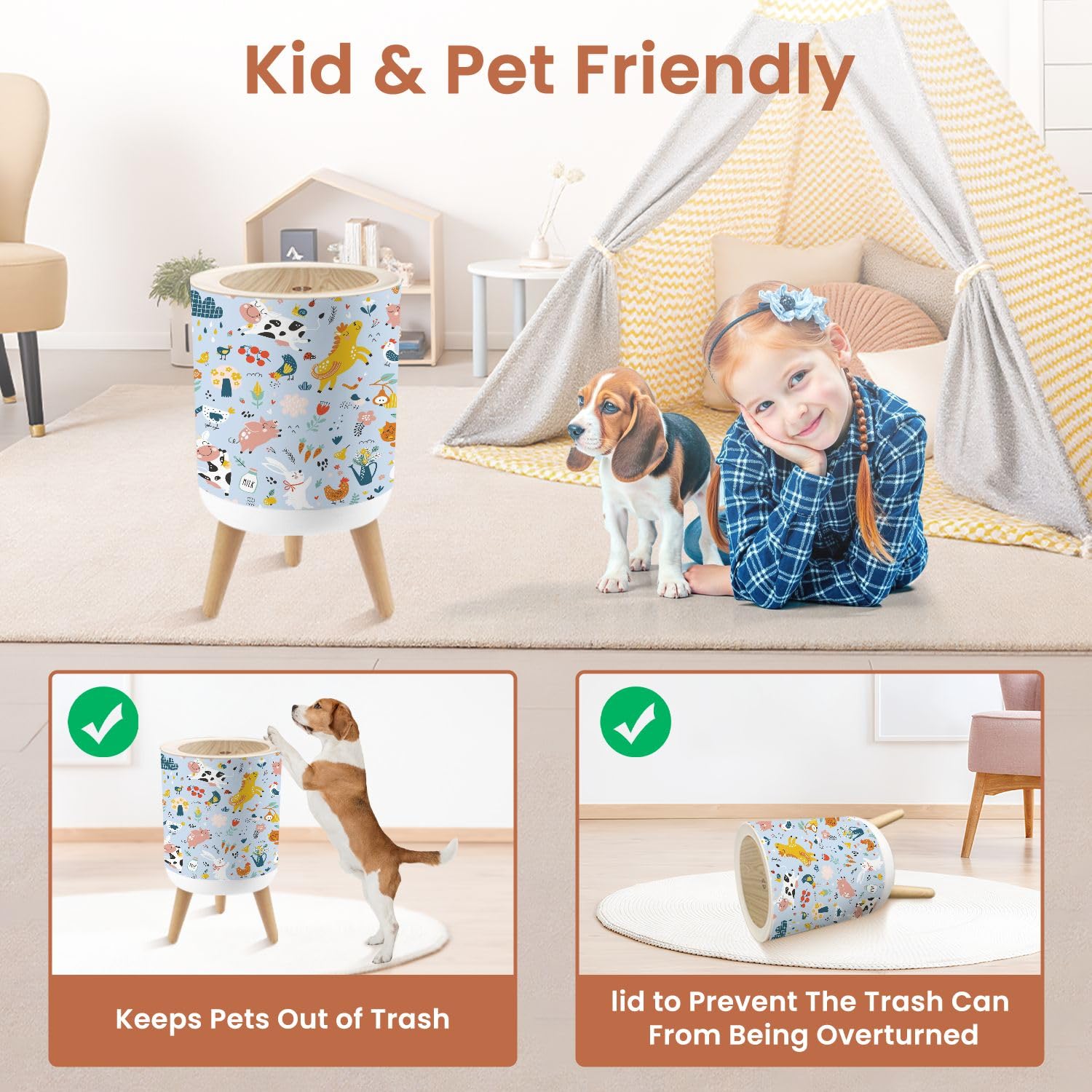 Cute Farm Animals Trash Can with Lid 18 Gallon
