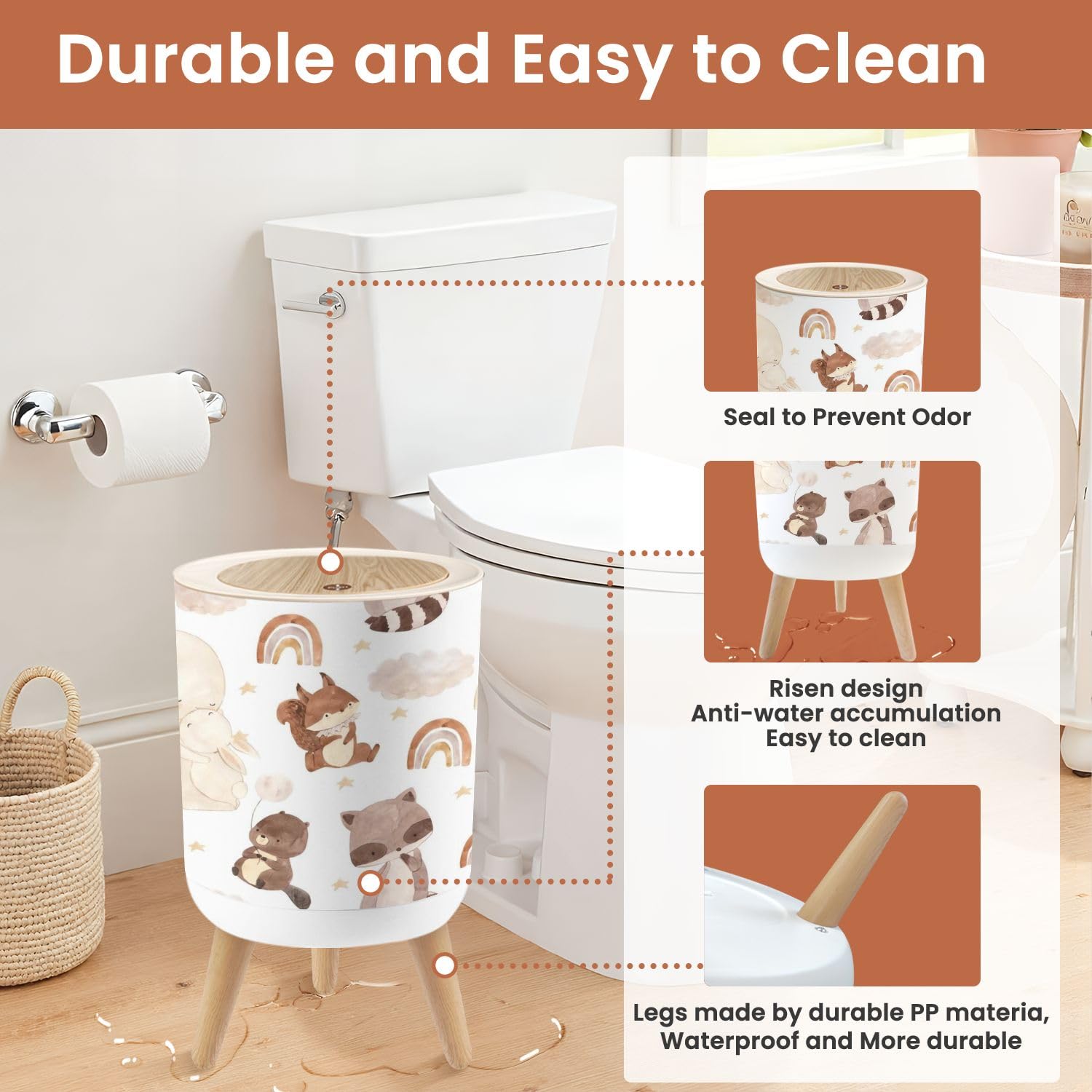 Small Forest Animal Trash Can with Lid for Kids