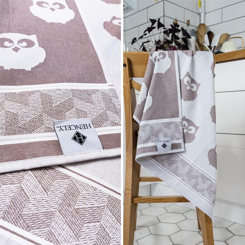 Hencely Tea Towels Set of 3 Brown Owls 100 Organic Cotton