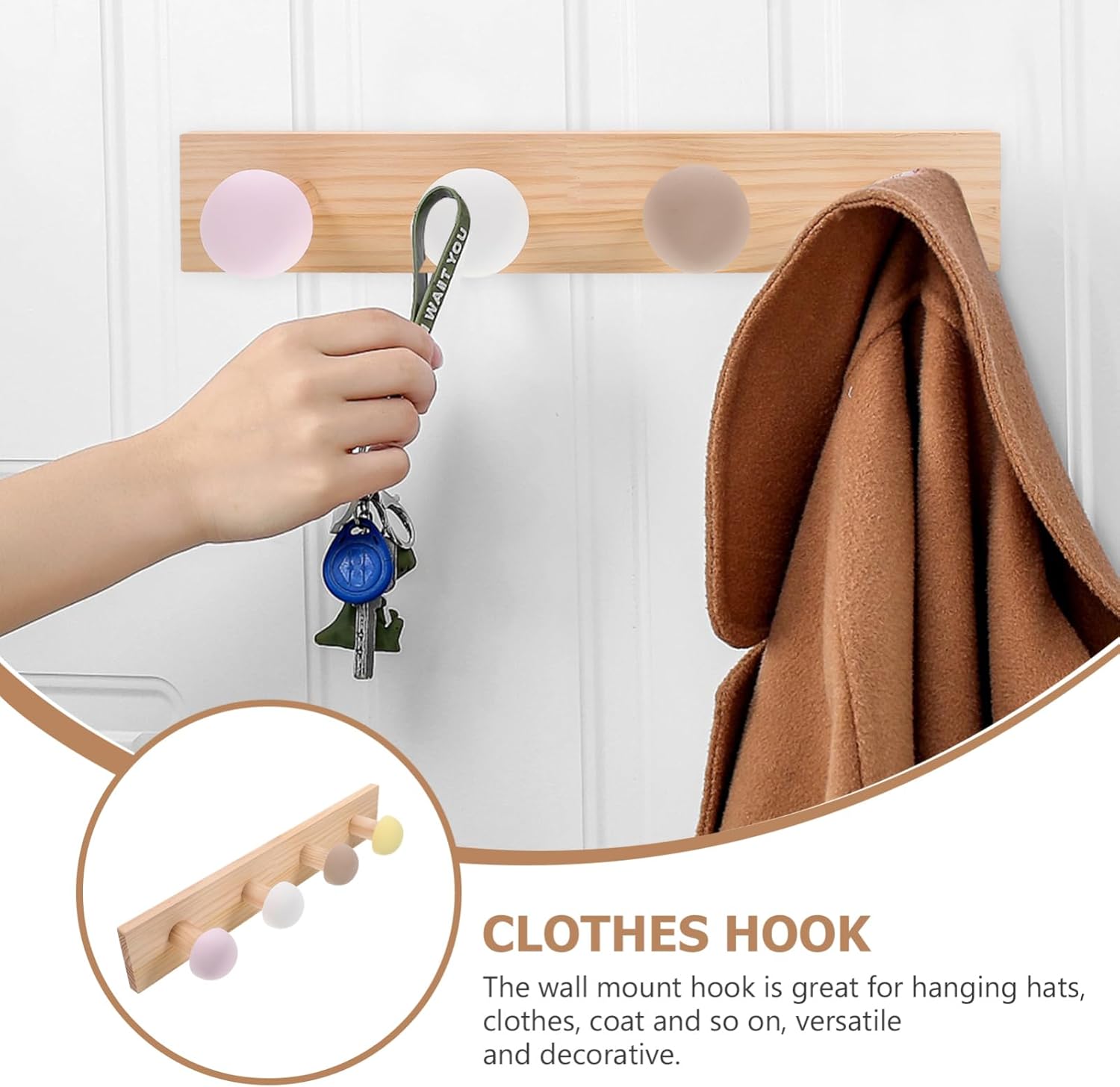 Wakauto Wooden Coat Hanger Heavy Duty Wall Hook for Home Organization