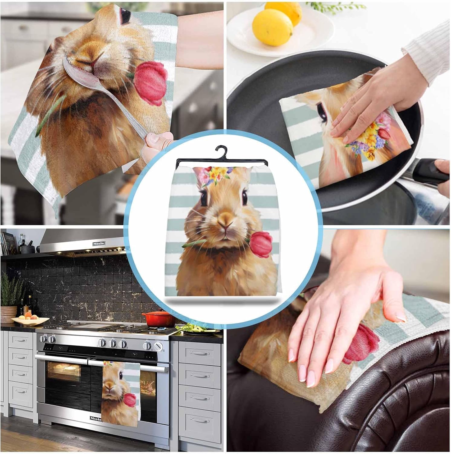 ZOE GARDEN Easter Rabbit Kitchen Towels 4-PC Geometric Stripes Set
