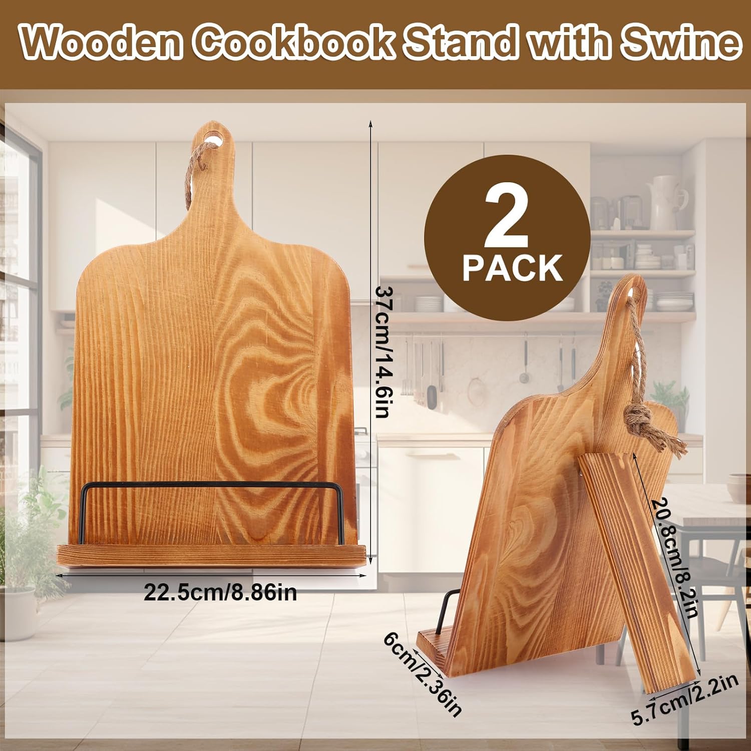 2 Pack Wooden Cookbook Stand for Kitchen Counter 1