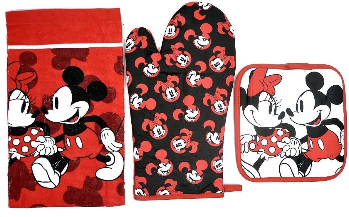 Disney Oven Mitt Pot Holder Dish Towel 3 pc Set Mickey Minnie Red