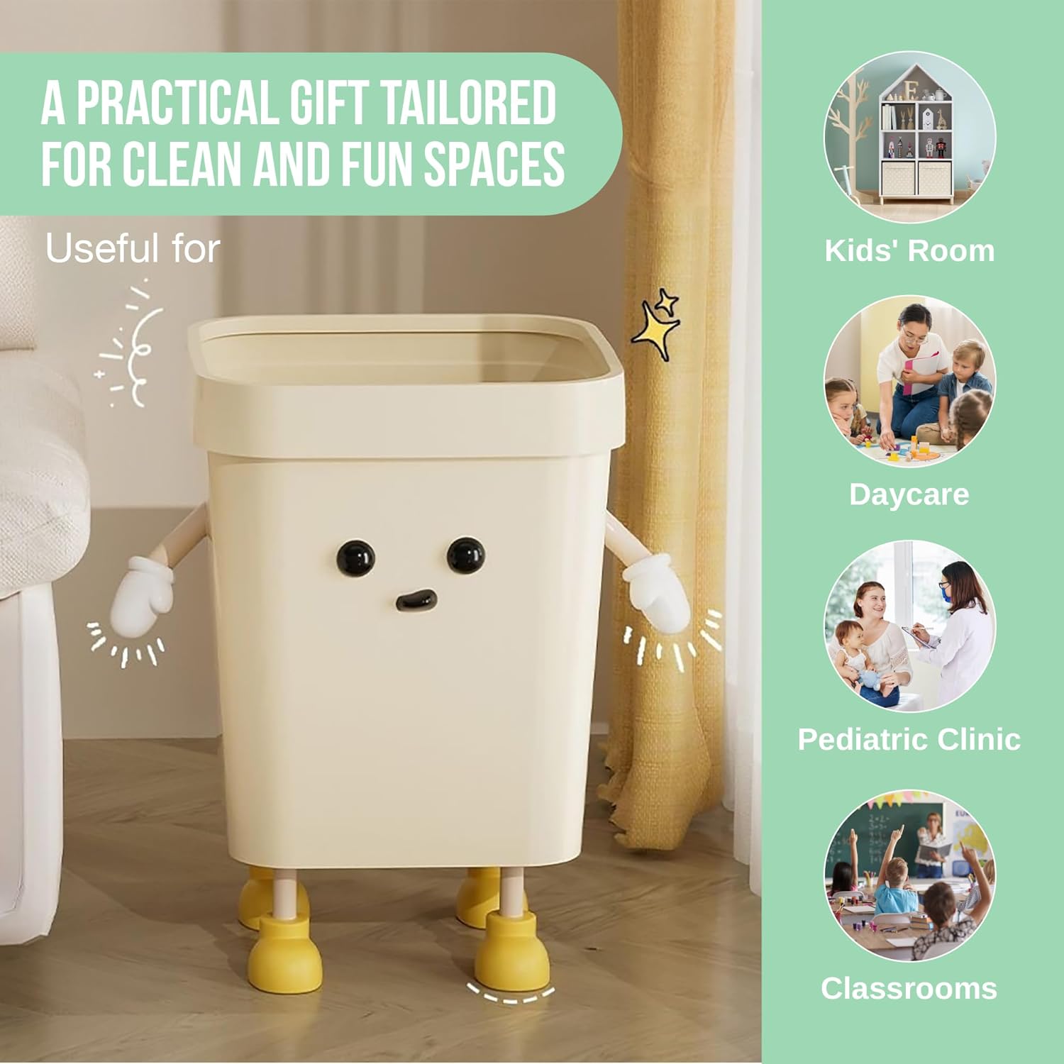 Trashaholic 42-Gallon Cute Kids Trash Can - Beige with Handles