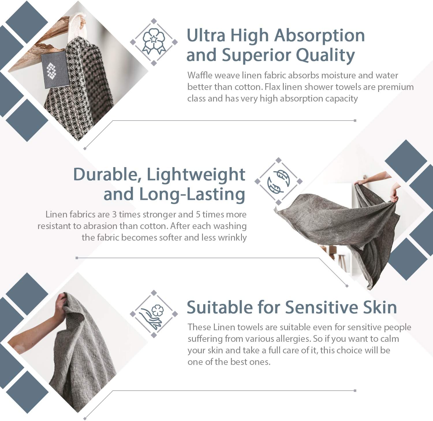 Pure Linen Hand Towels Set of 2 - Waffle Weave Black-Natural