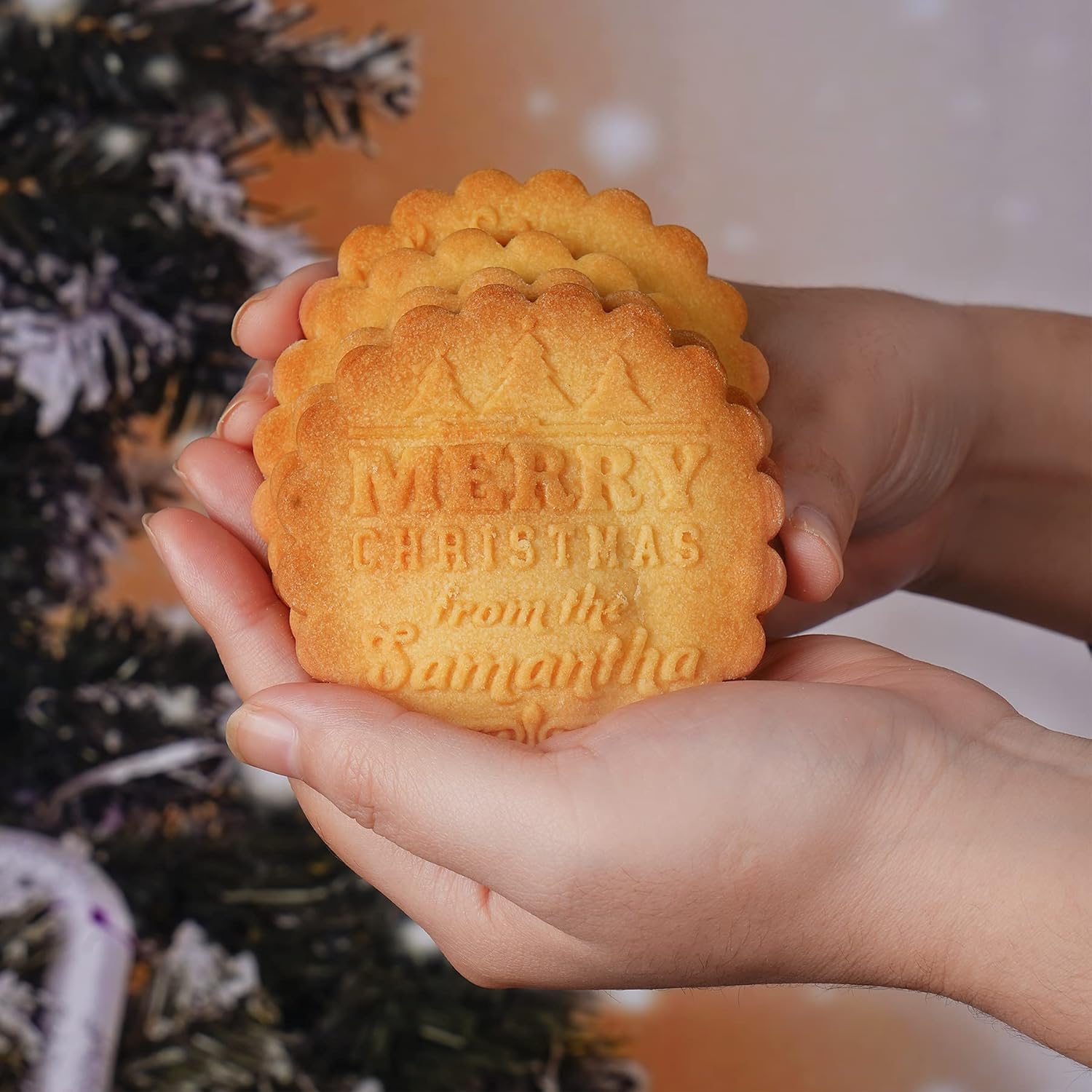 Personalized Family Name Cookie Stamp with Merry Christmas Pattern