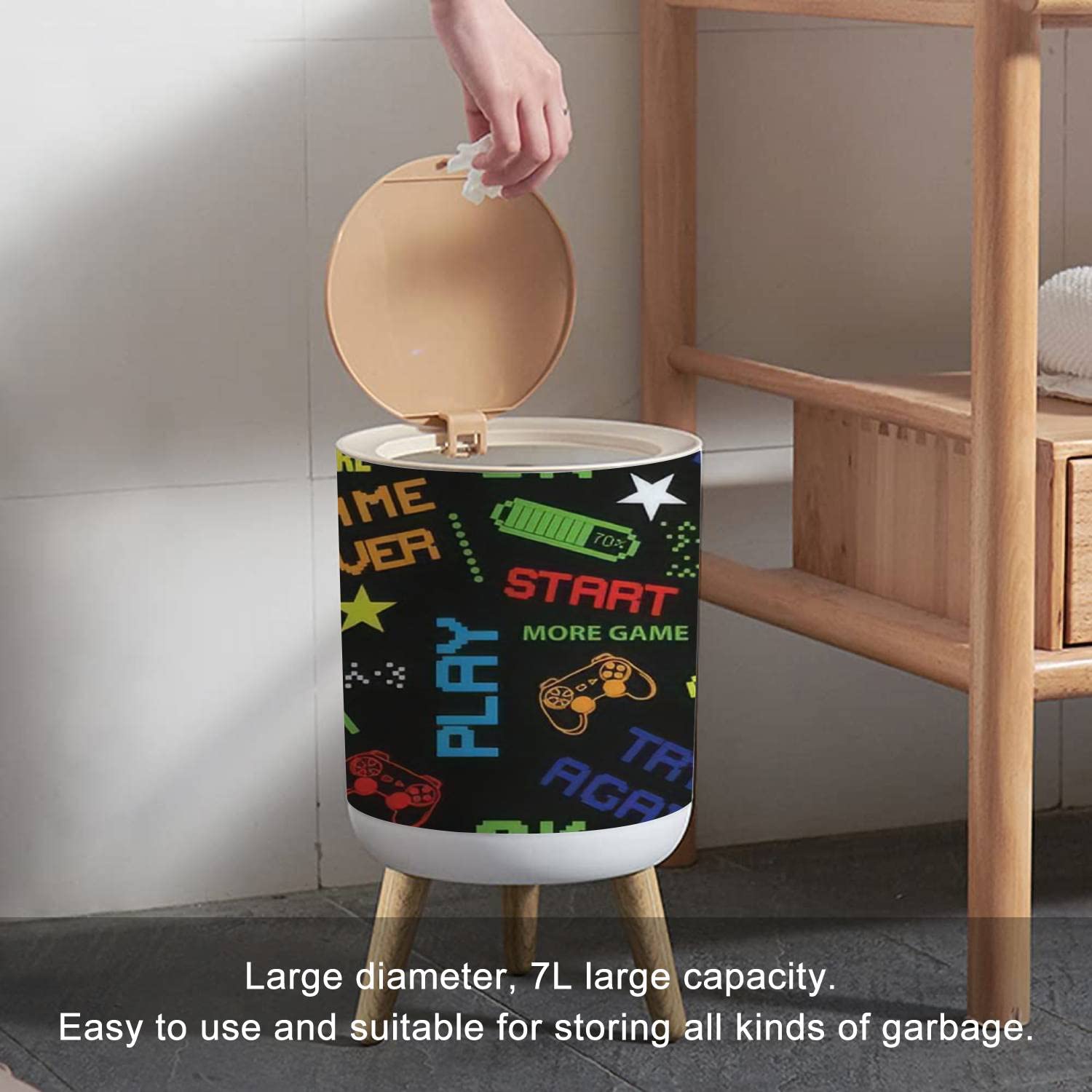 Trash Can with Lid 7L Pixel Game Style for Boys