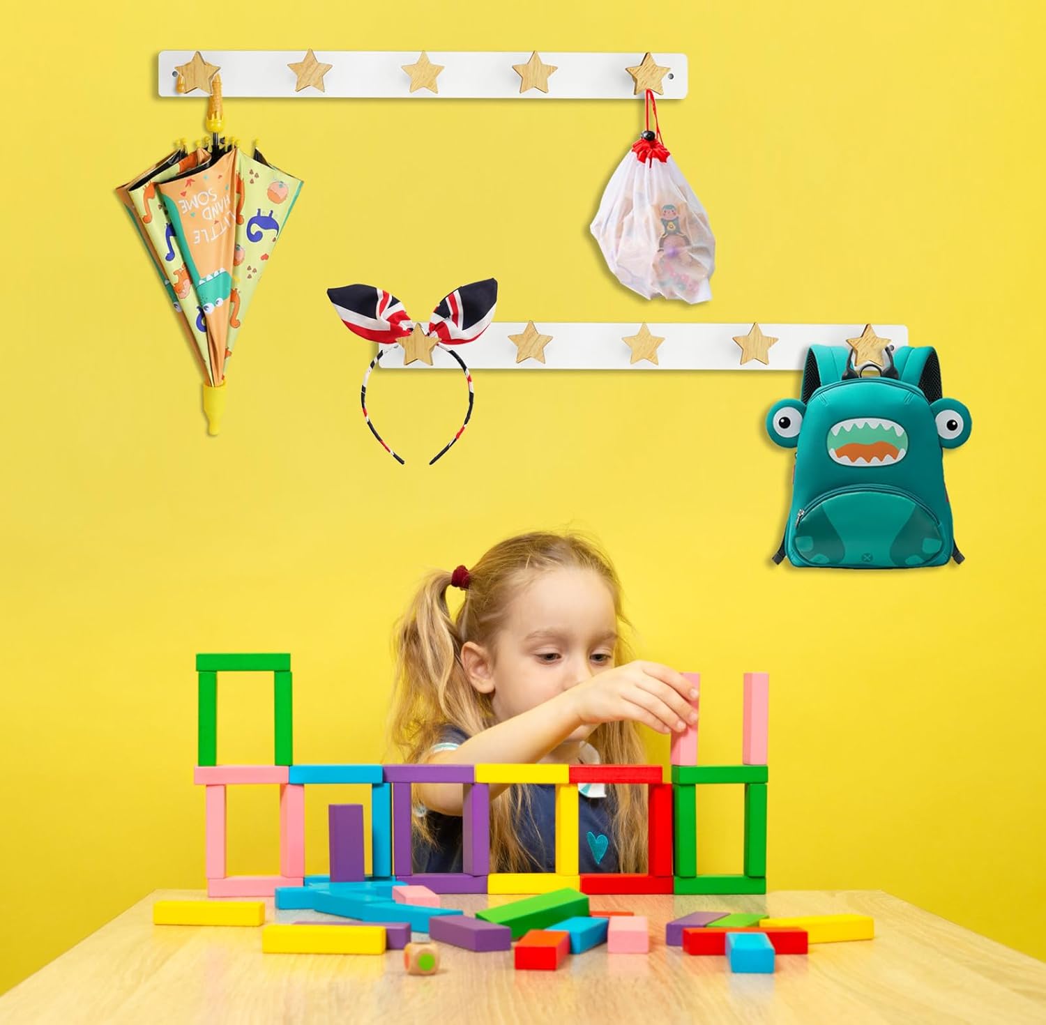 Wall Mounted Wooden Coat Rack for Kids with 5 Hooks