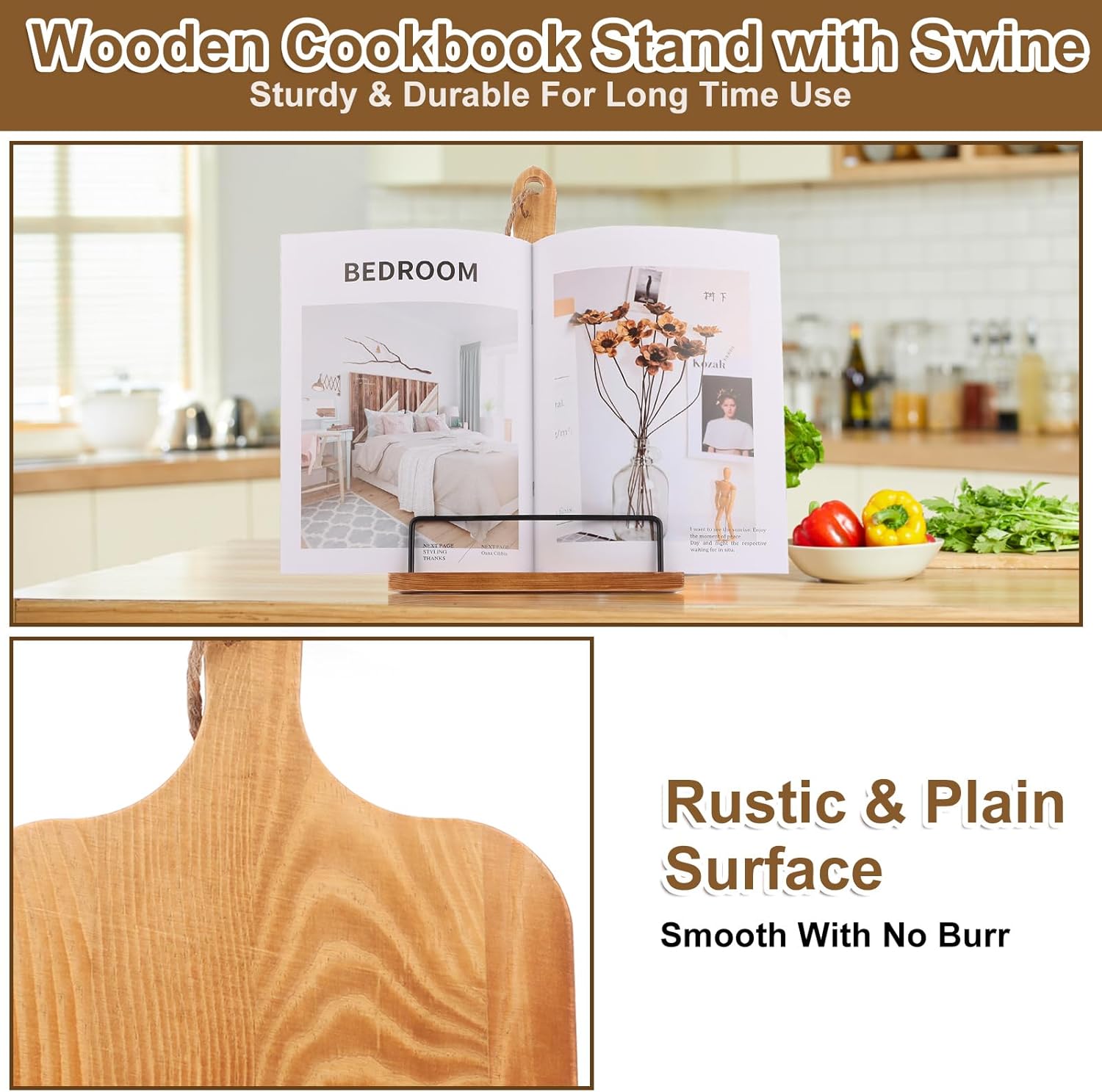 2 Pack Wooden Cookbook Stand for Kitchen Counter 1