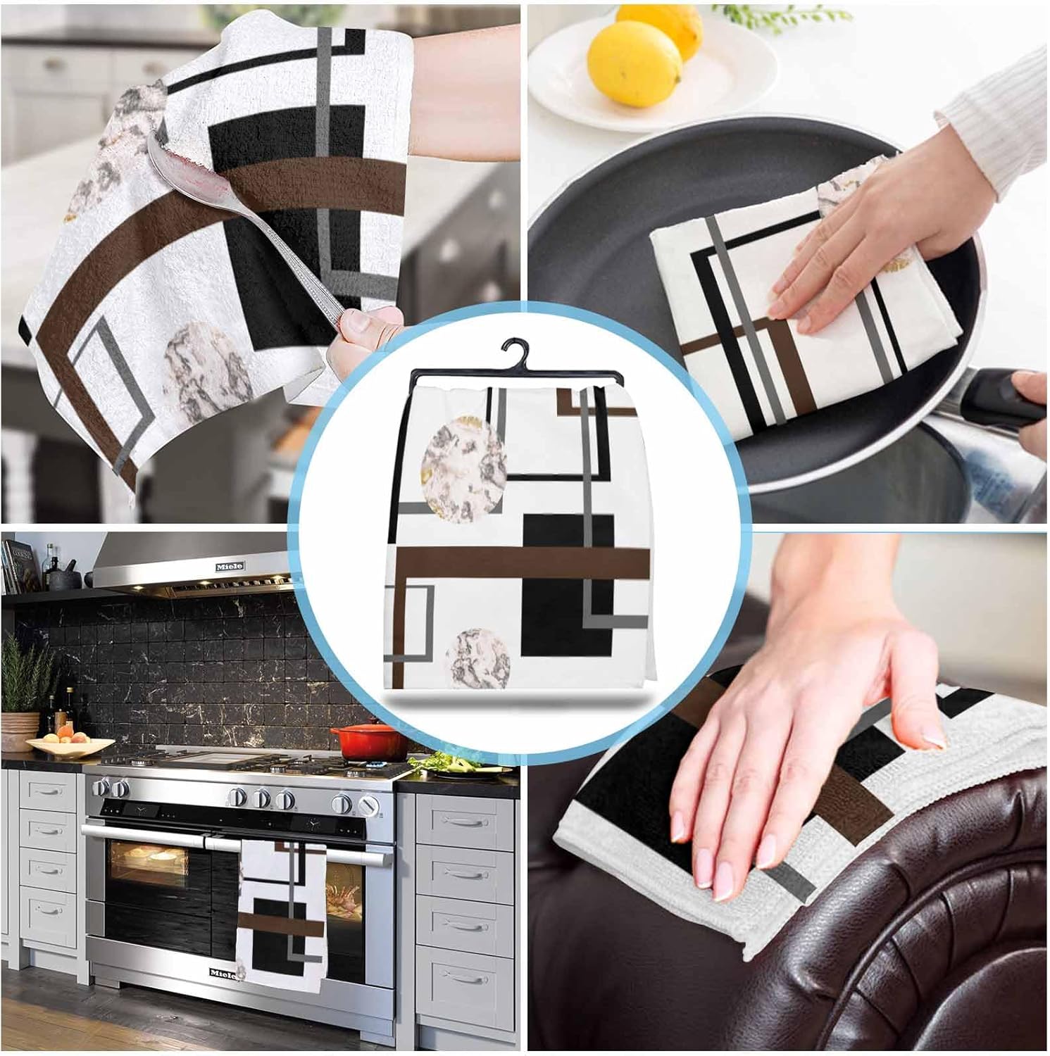 ZOE GARDEN Black Brown Kitchen Towels 4-Pack Marble Geometric Design