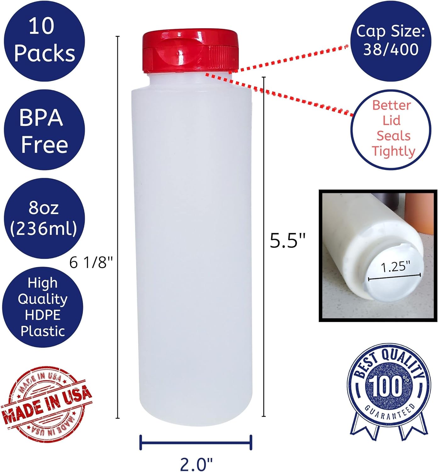 8oz HDPE Squeeze Bottles with Red Flip Top Caps Pack of 10 1