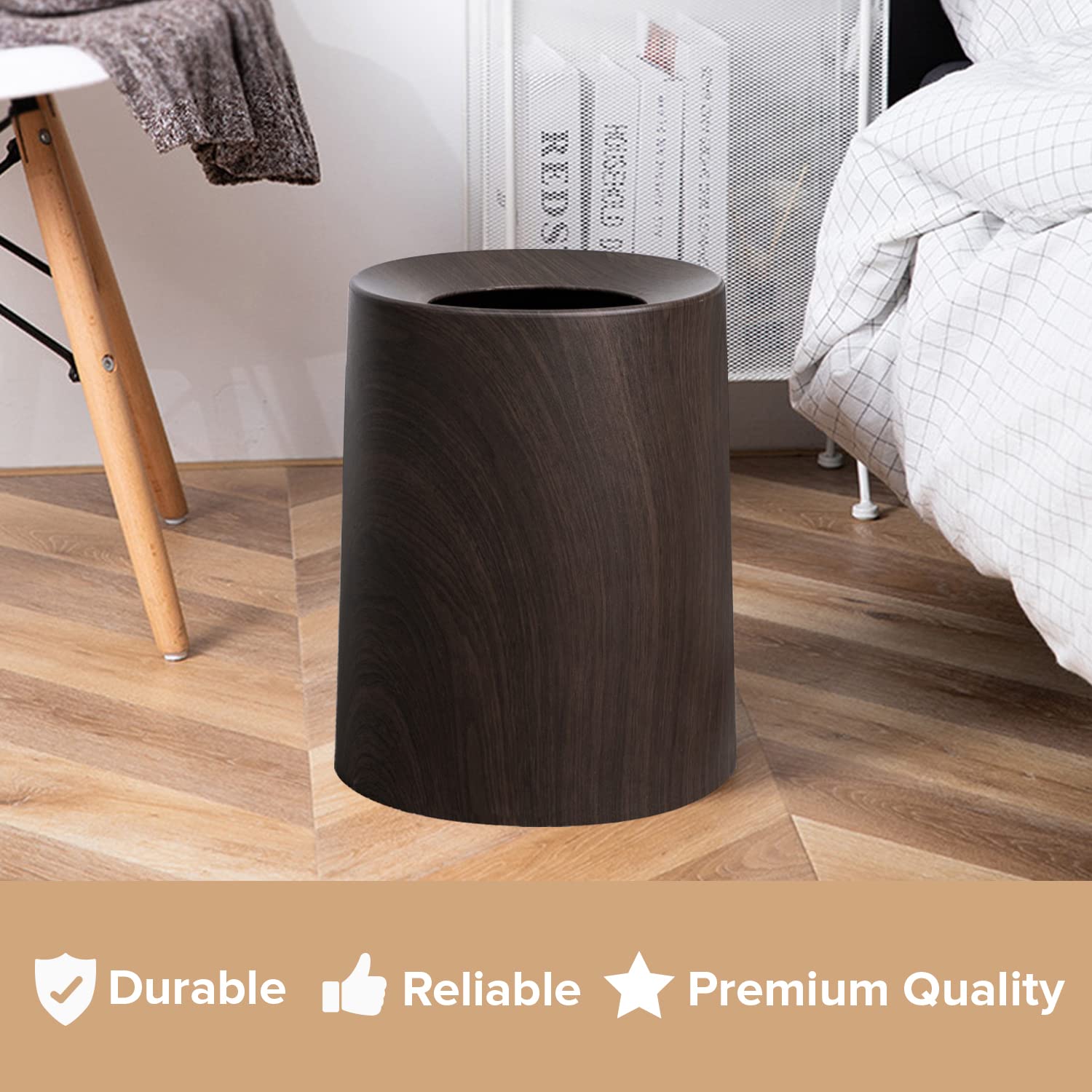 Trashaholic Spill Proof Kids Pet Friendly Dark Walnut Trash Can