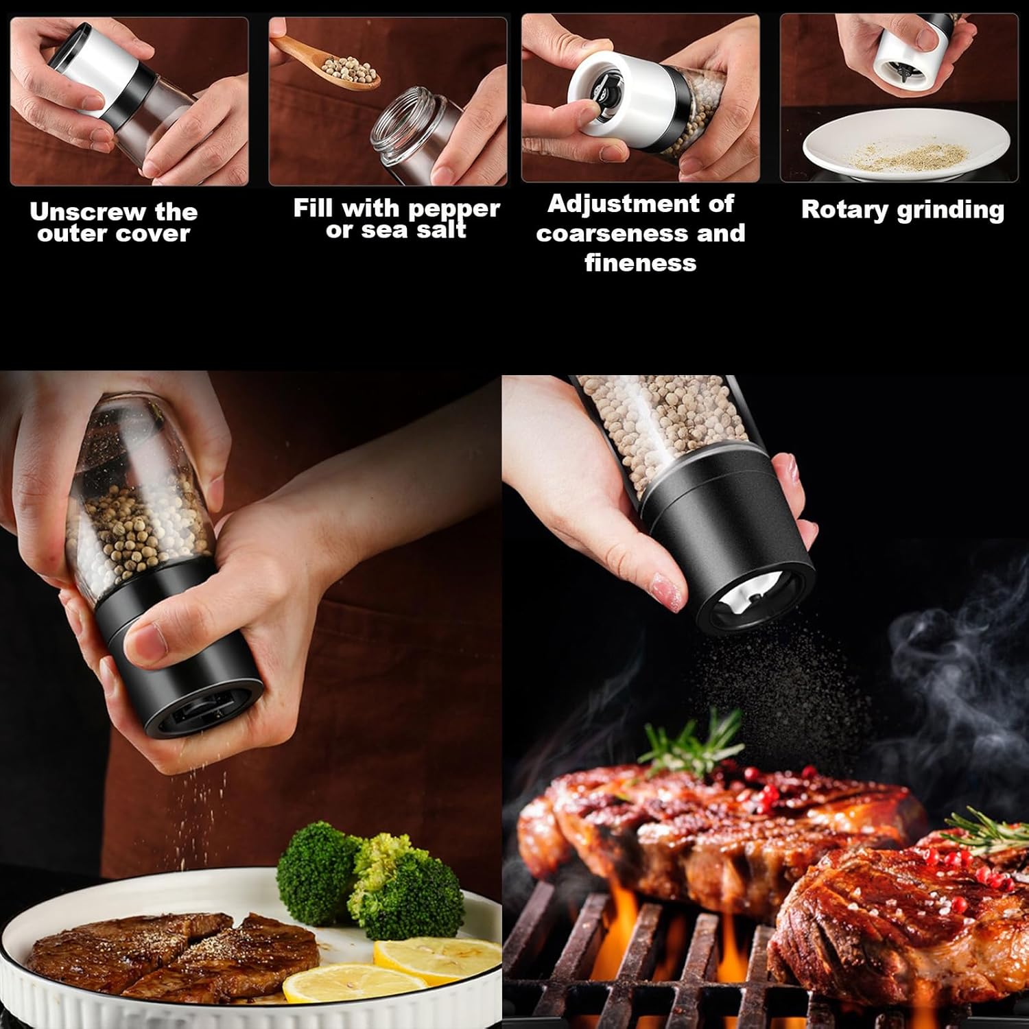 ANDONG Salt Pepper Grinder Set of 2 Black White