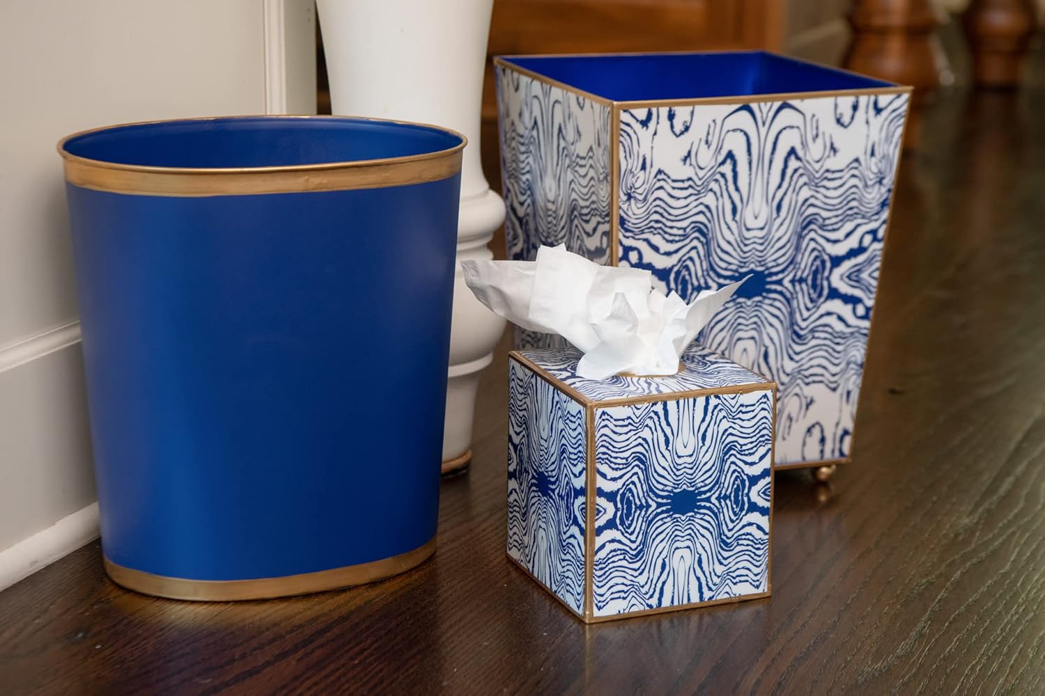 Jayes Studio Decorative Trash Can Blue Oval Metal Waste Basket