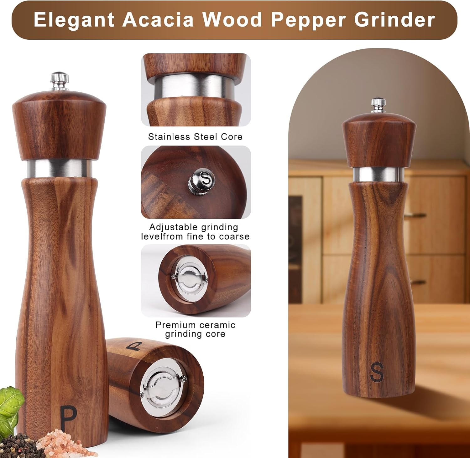 2 Pack Acacia Wood Salt Pepper Mill Set