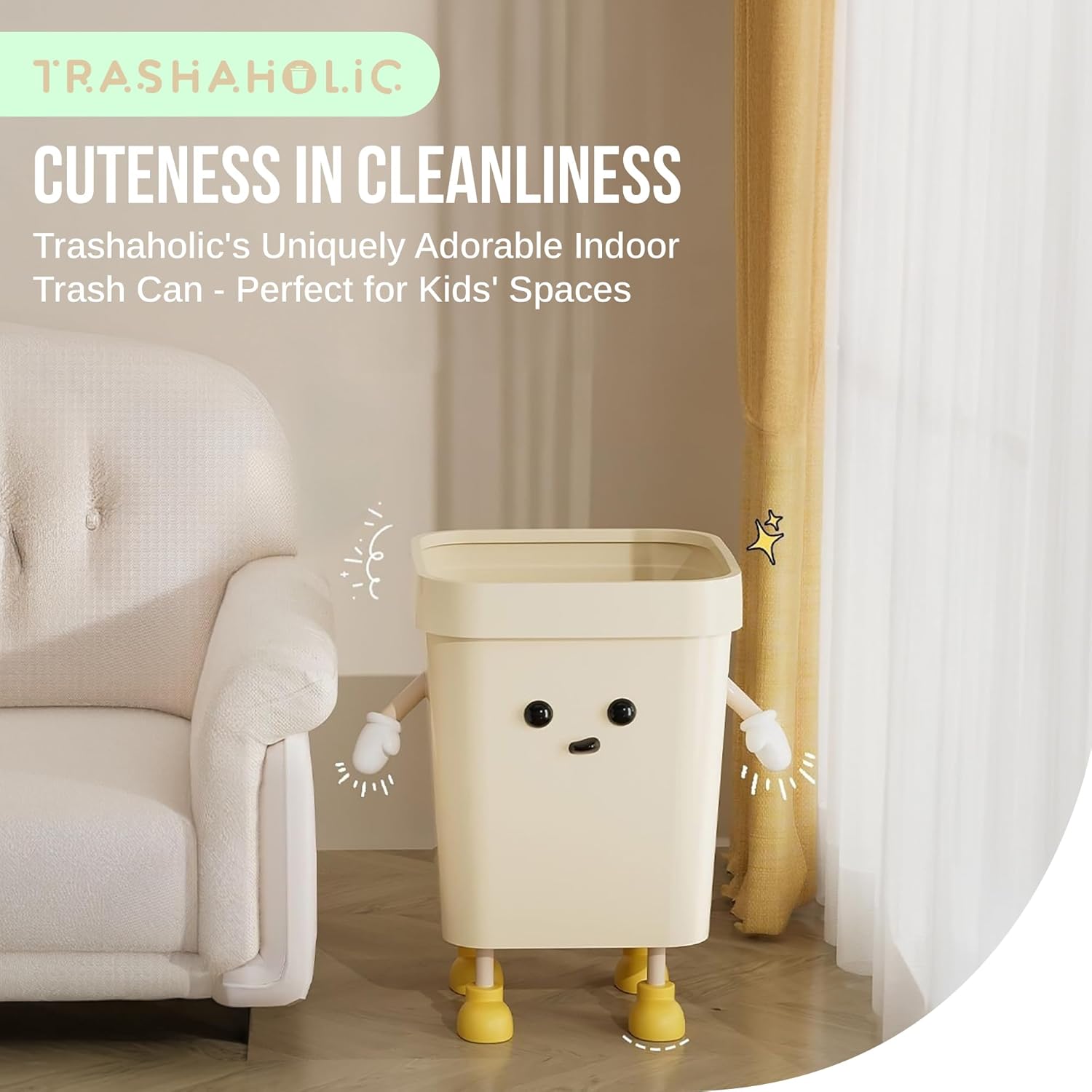 Trashaholic 42-Gallon Cute Kids Trash Can - Beige with Handles
