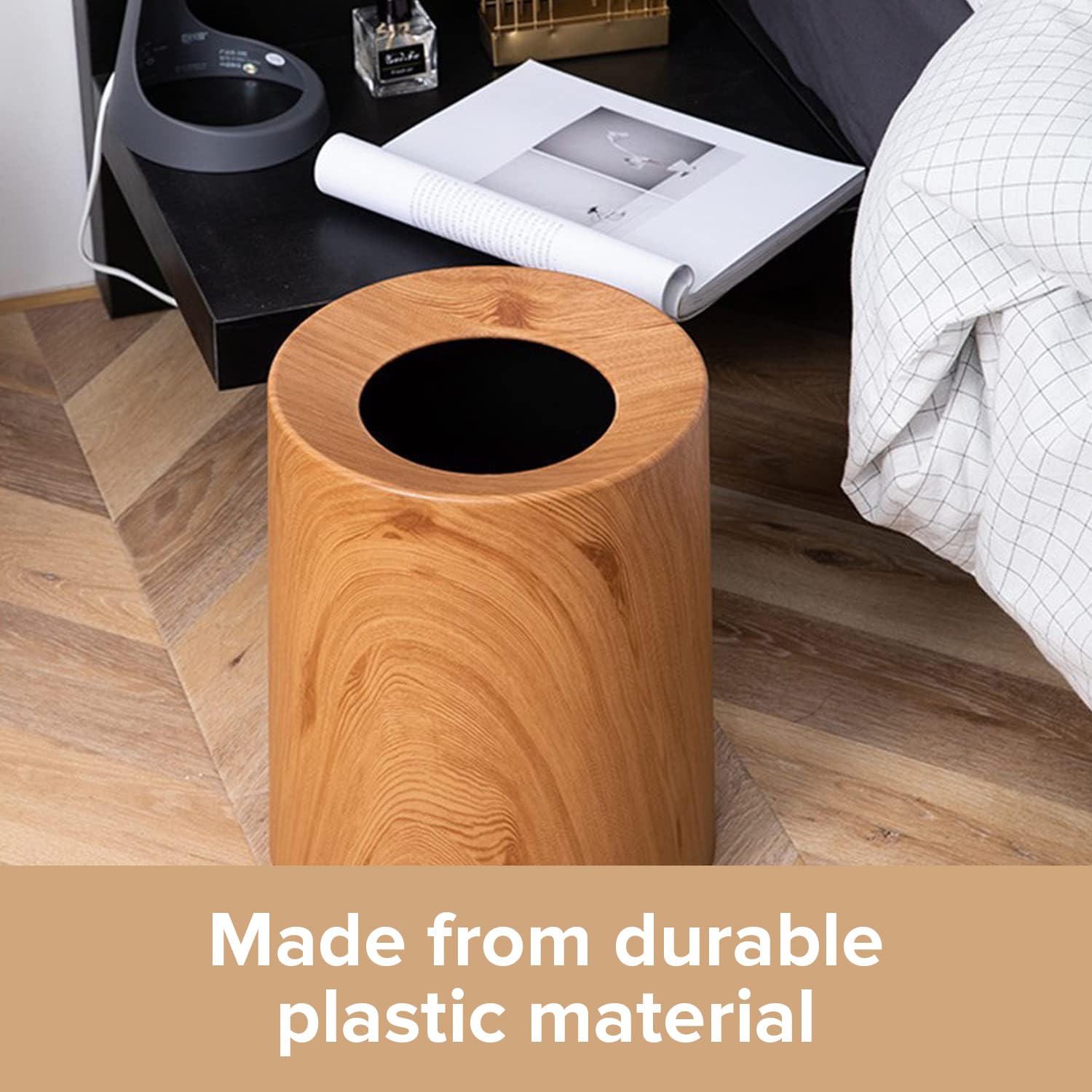 Trashaholic Anti Spill Nordic Wood Grain Waste Basket 32Gal