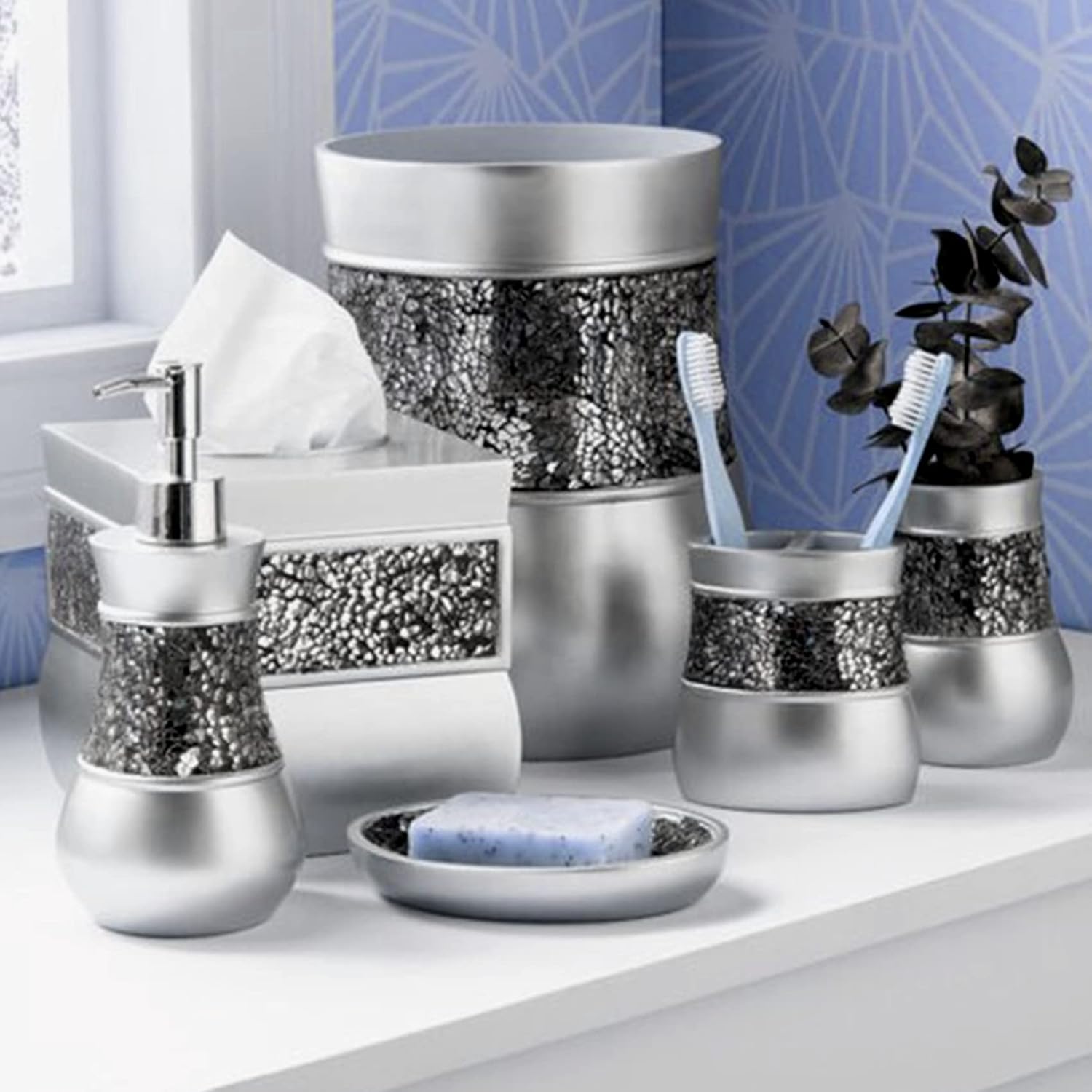 Crackled Glass Silver Small Decorative Trash Can