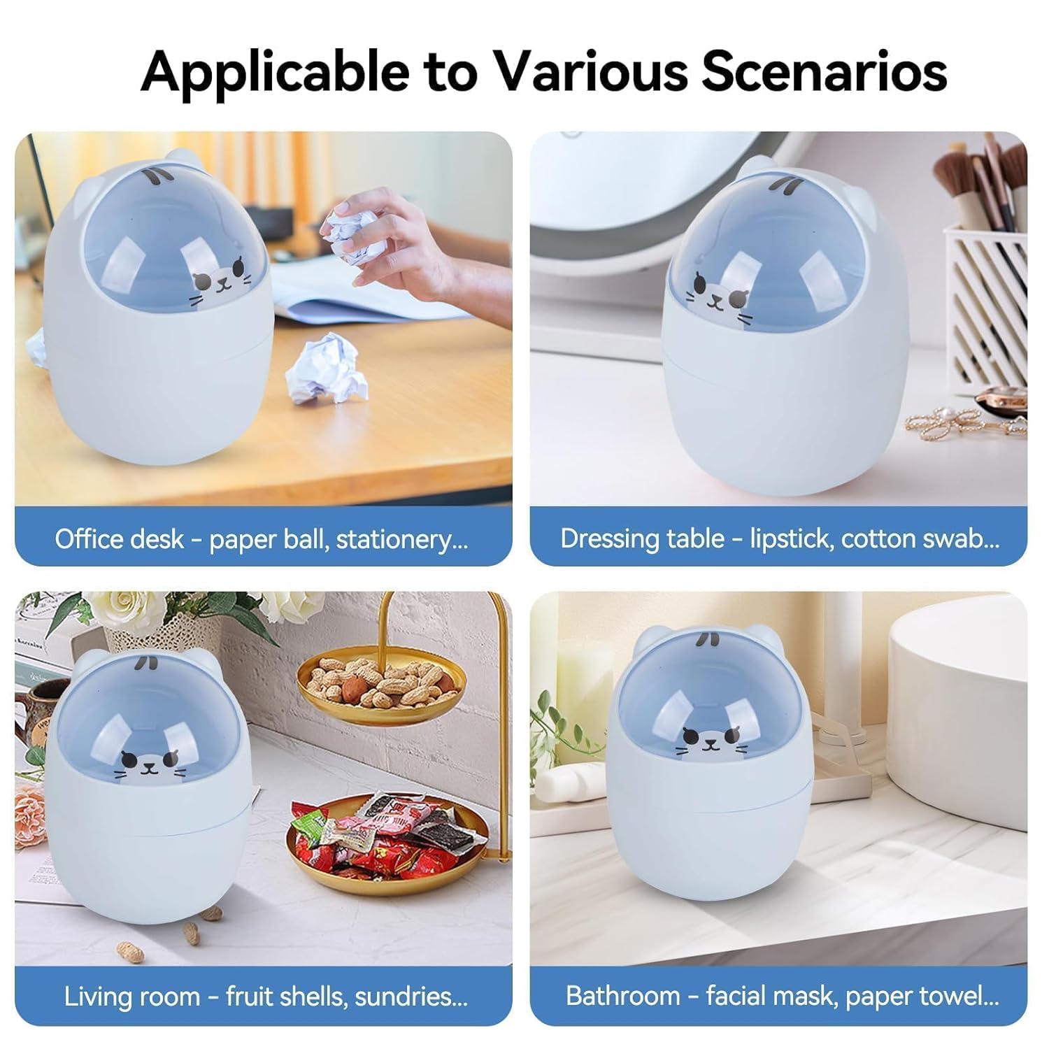 Cute Desktop Trash Can with Swing Lid - Cartoon Cat Design Blue