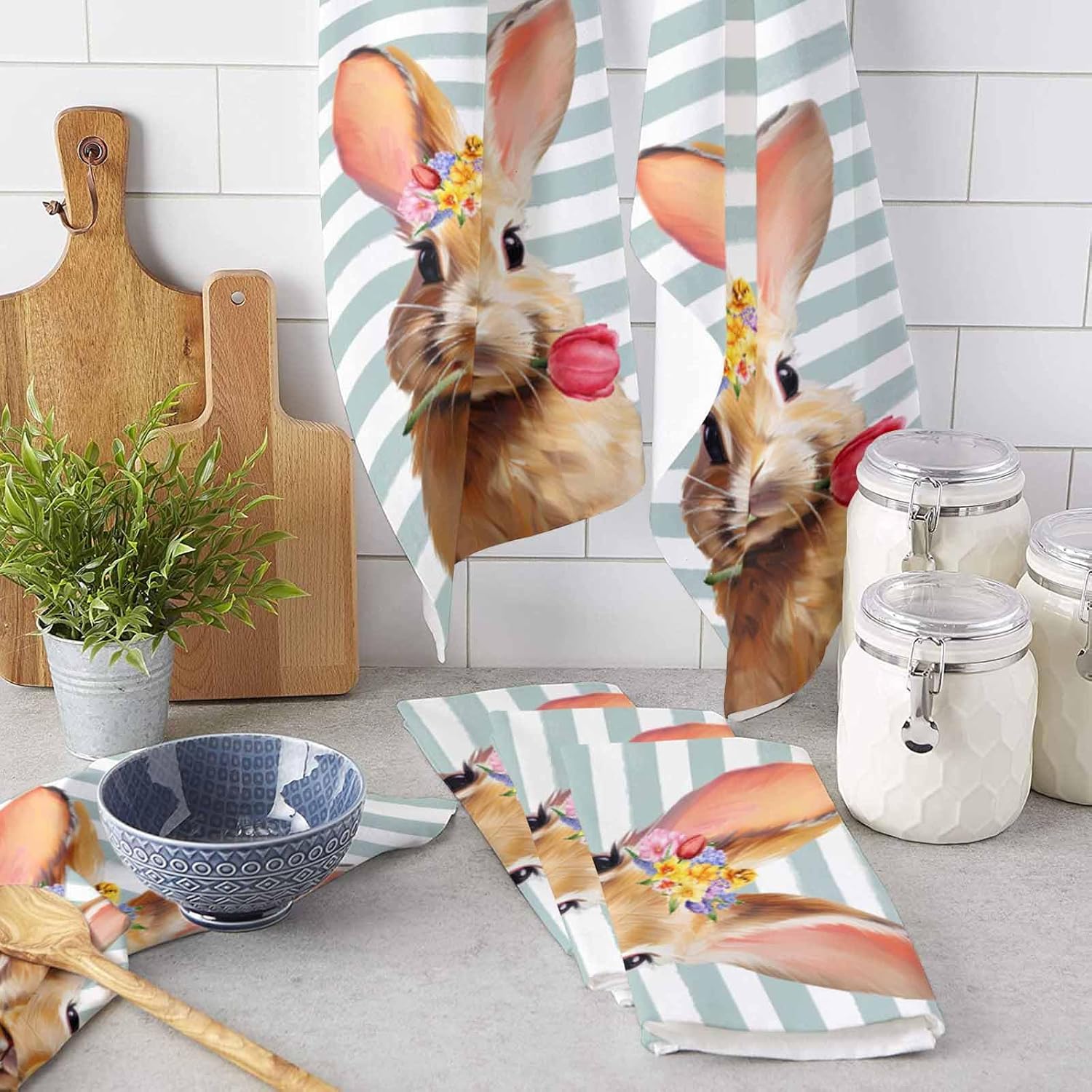 ZOE GARDEN Easter Rabbit Kitchen Towels 4-PC Geometric Stripes Set