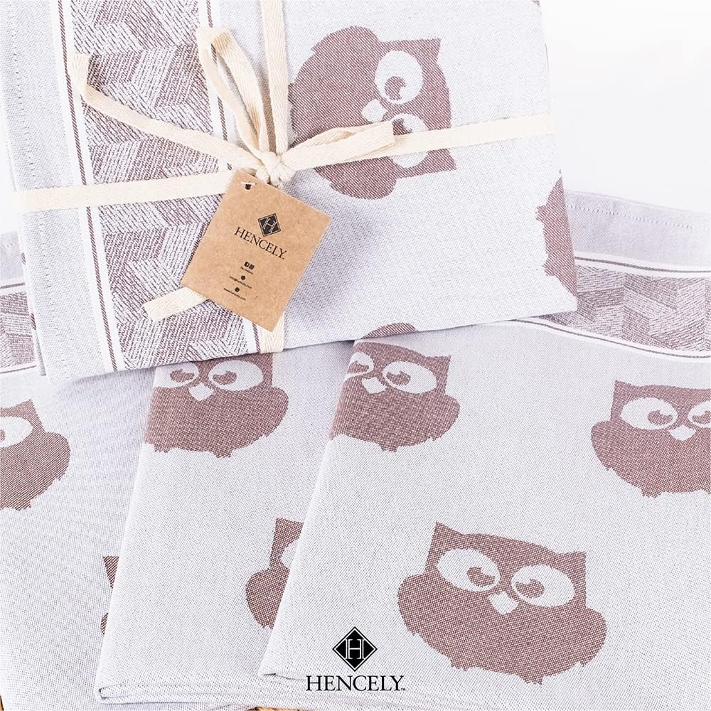 Hencely Tea Towels Set of 3 Brown Owls 100 Organic Cotton