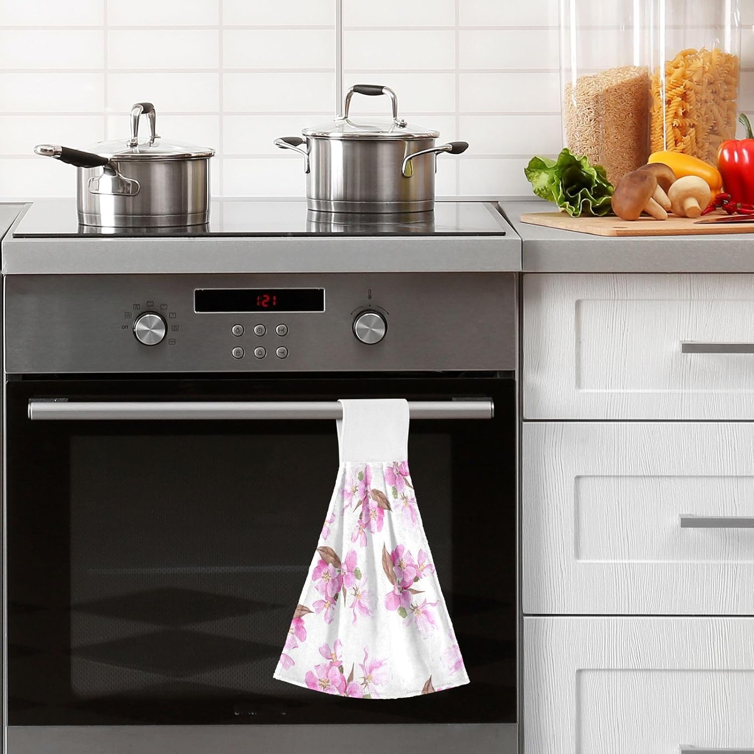 OTVEE Pink Red Apple Flowers Kitchen Towels 2 Pieces