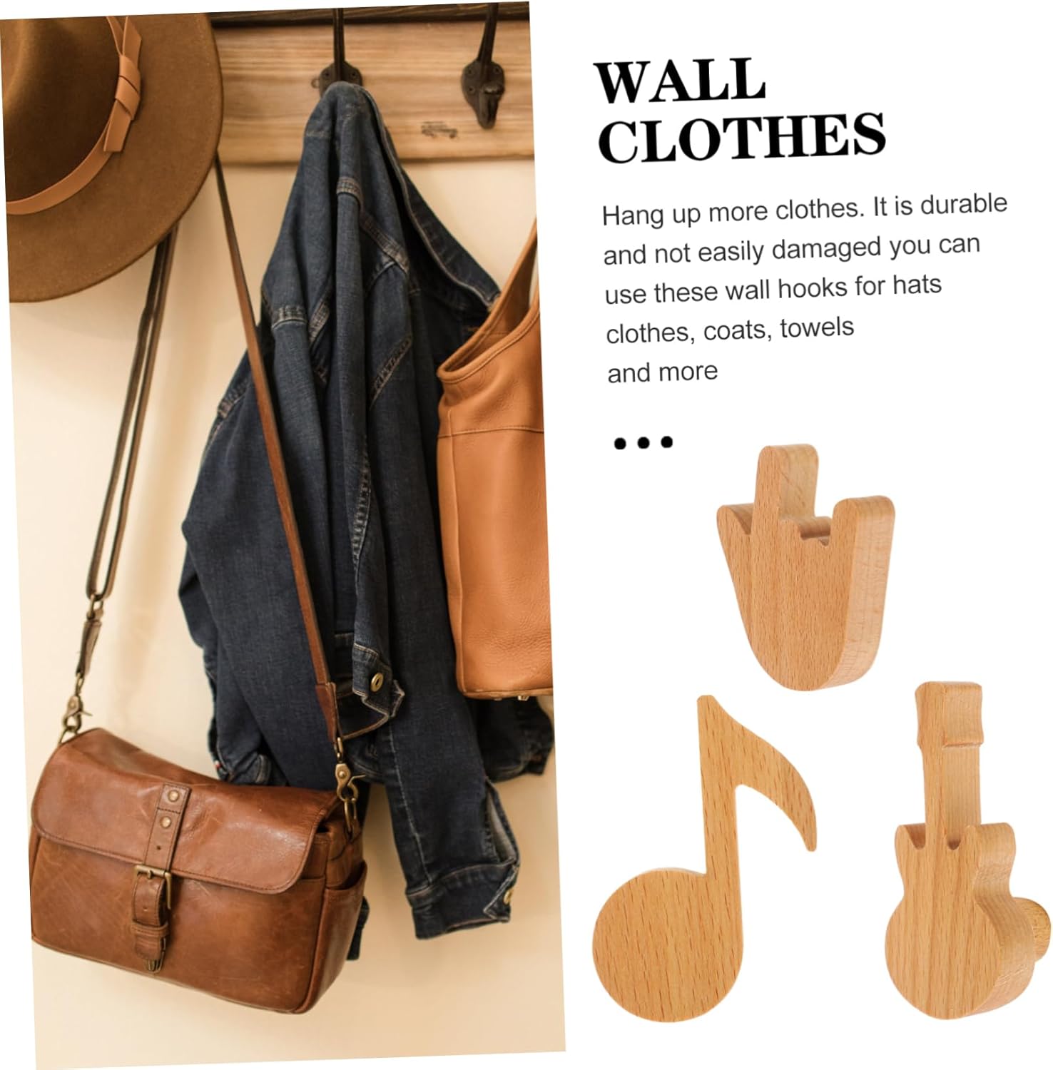 3Pcs Wall Mounted Wood Hooks for Hats Keys and Clothes