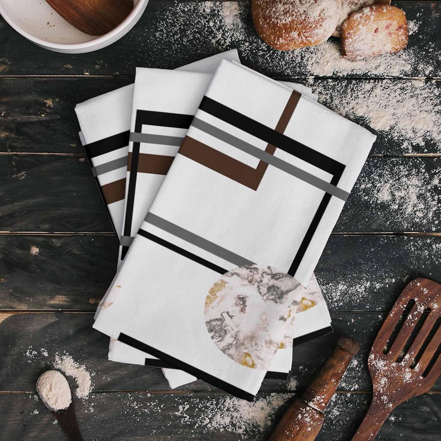 ZOE GARDEN Black Brown Kitchen Towels 4-Pack Marble Geometric Design