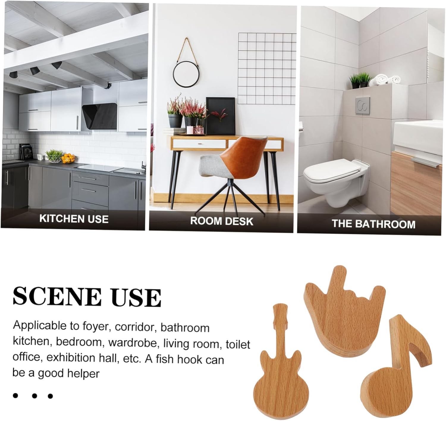 3Pcs Wall Mounted Wood Hooks for Hats Keys and Clothes