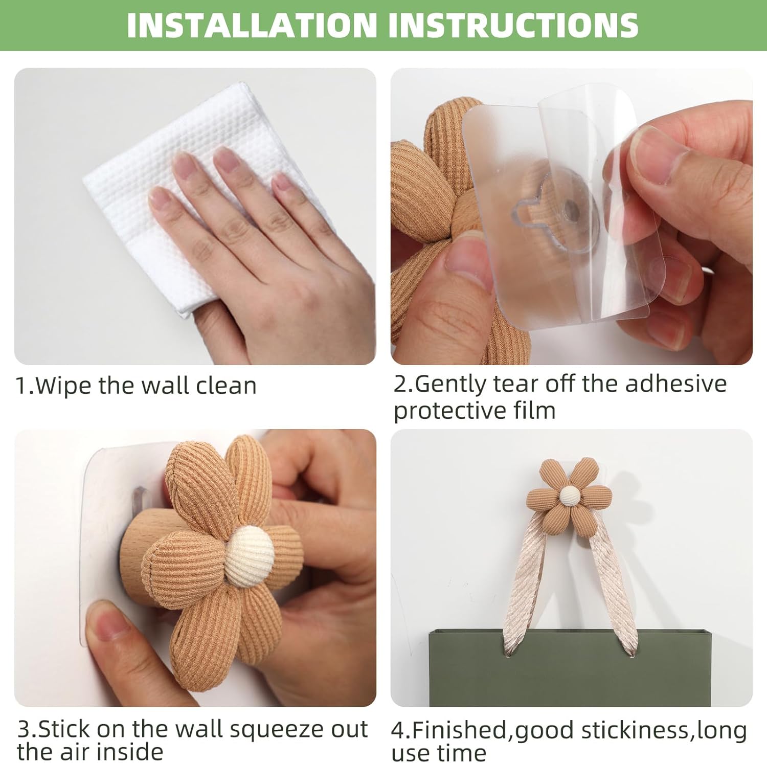 2 Pack Adhesive Wall Hooks with Flower Design Khaki 1