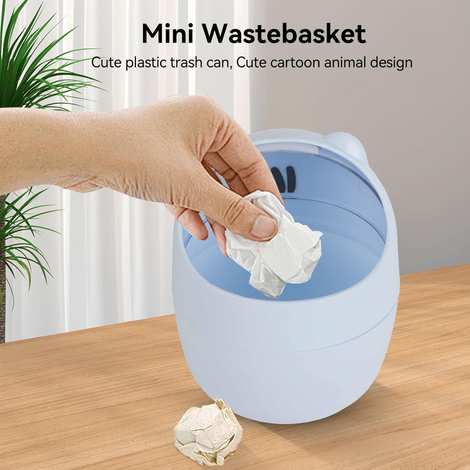 Cute Desktop Trash Can with Swing Lid - Cartoon Cat Design Blue