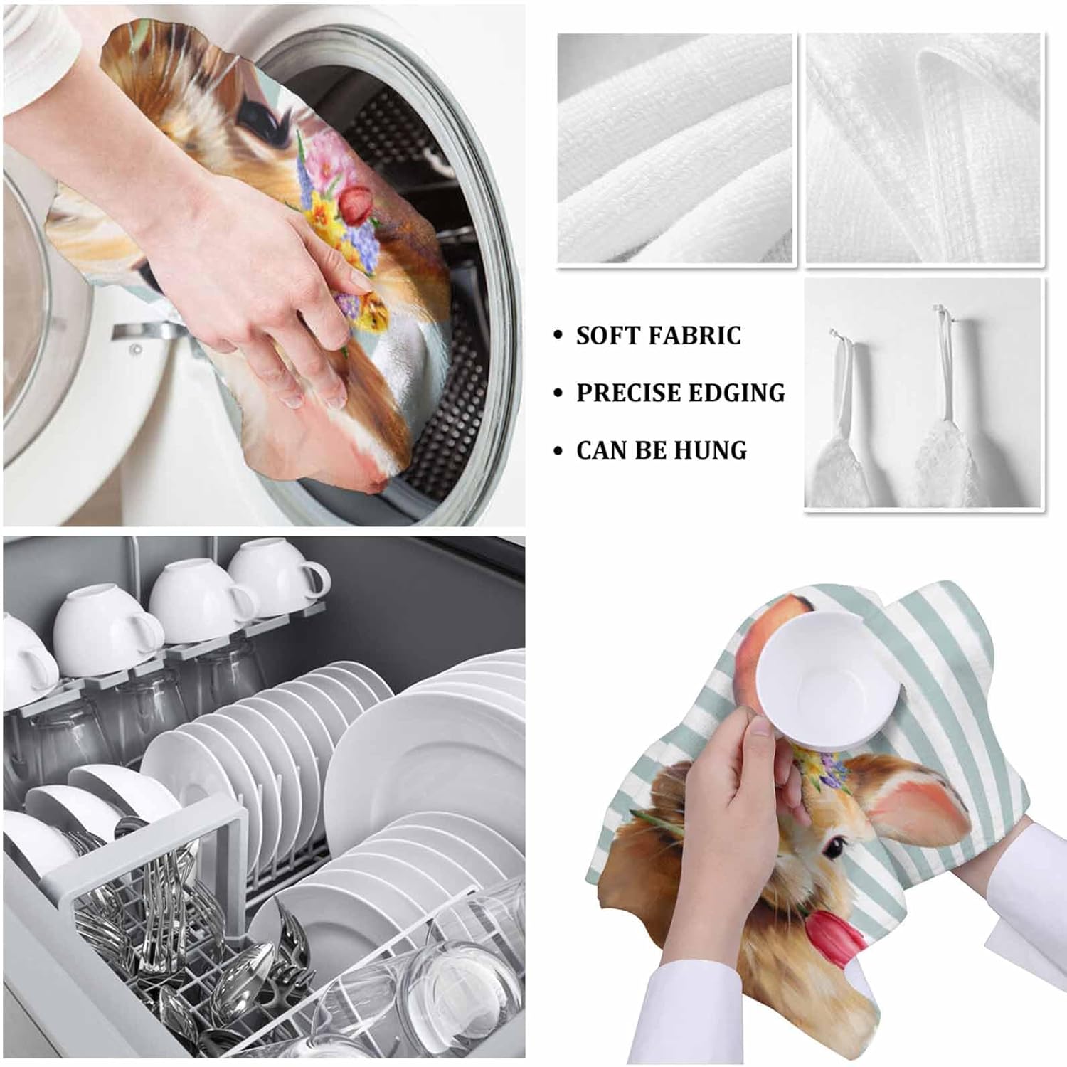 ZOE GARDEN Easter Rabbit Kitchen Towels 4-PC Geometric Stripes Set