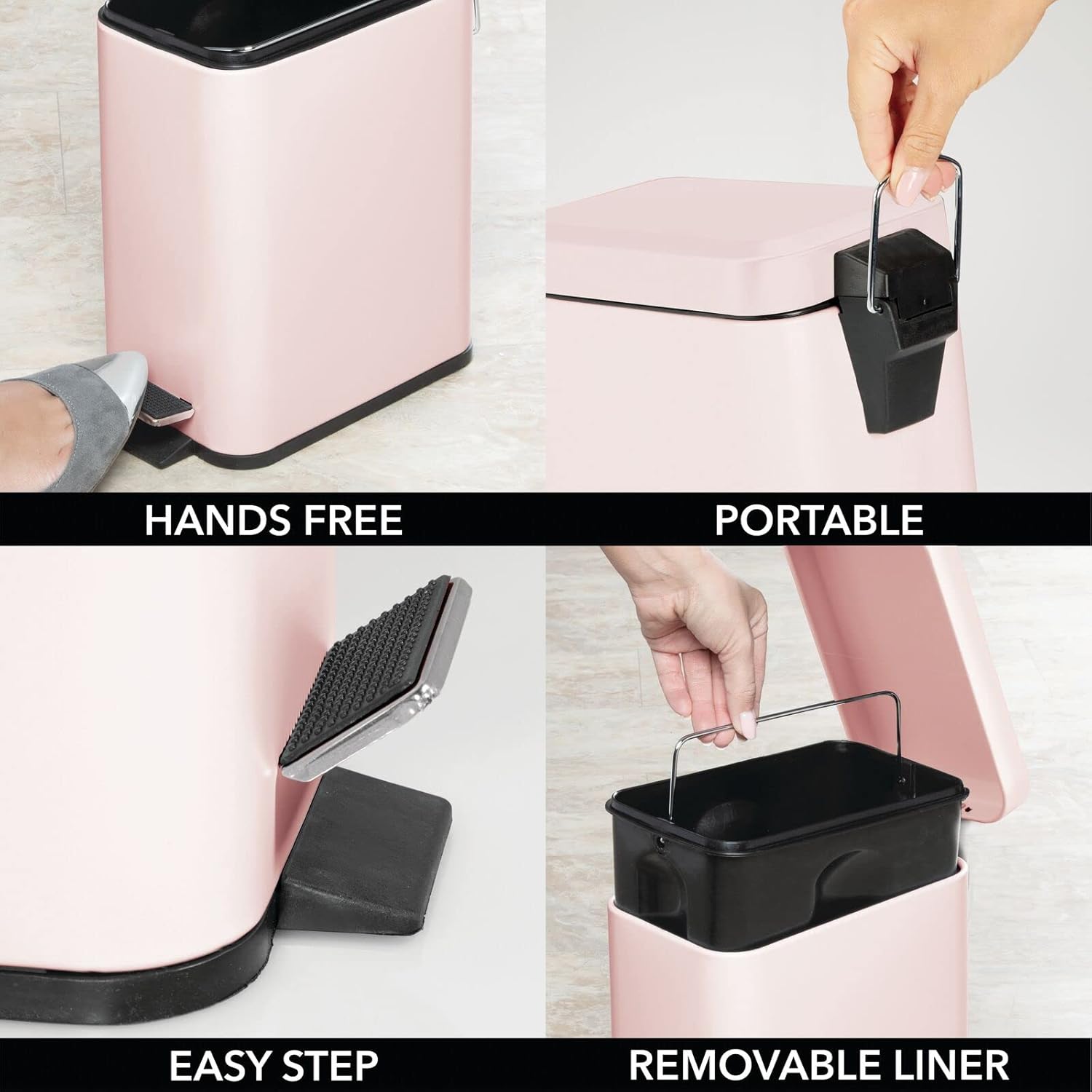 mDesign Pedal Bin - Light Pink Metal Trash Can