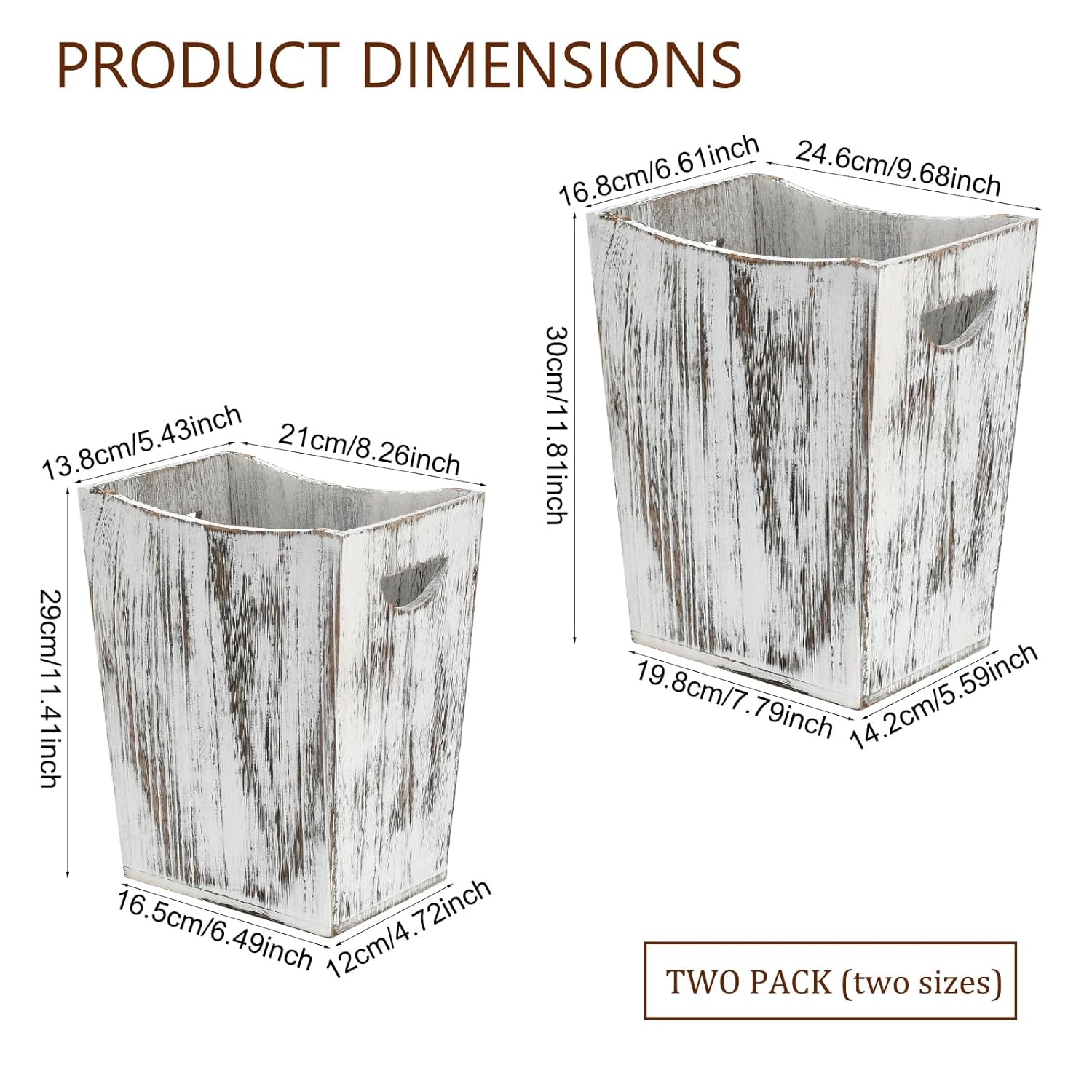 2 Pack Rustic White Wooden Trash Cans with Curve Design