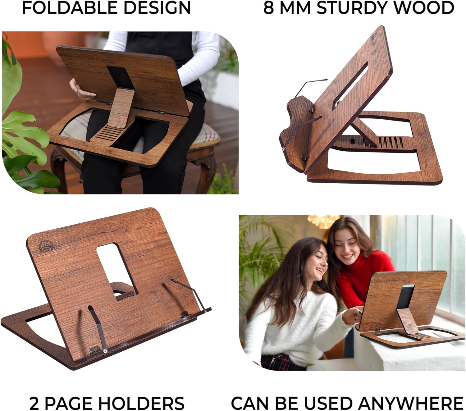 ANGELYCIA Wooden Book Stand Foldable Adjustable Oak