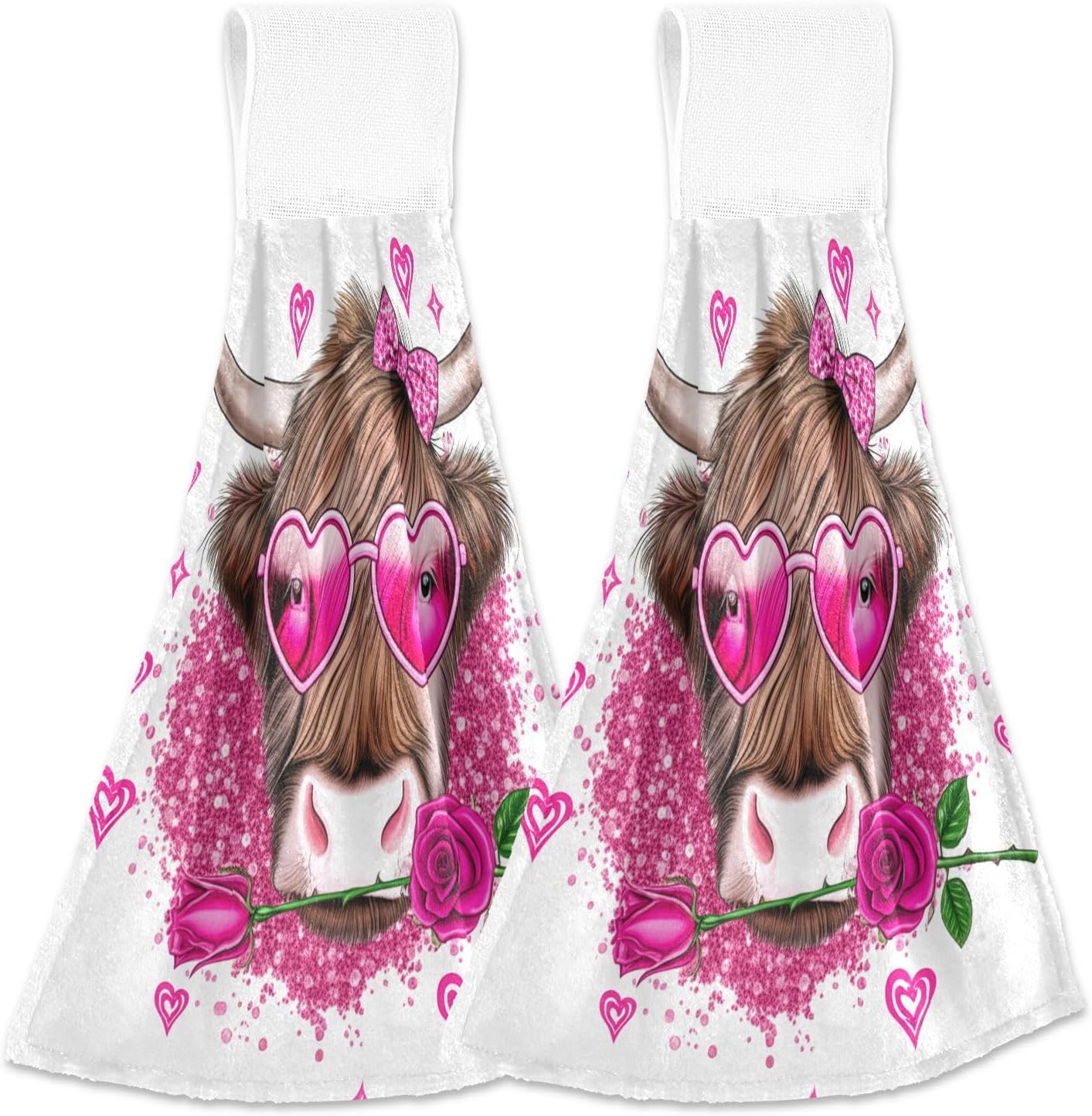 Cute Highland Cow Pink Bath Towels 2 Pack with Hanging Loop