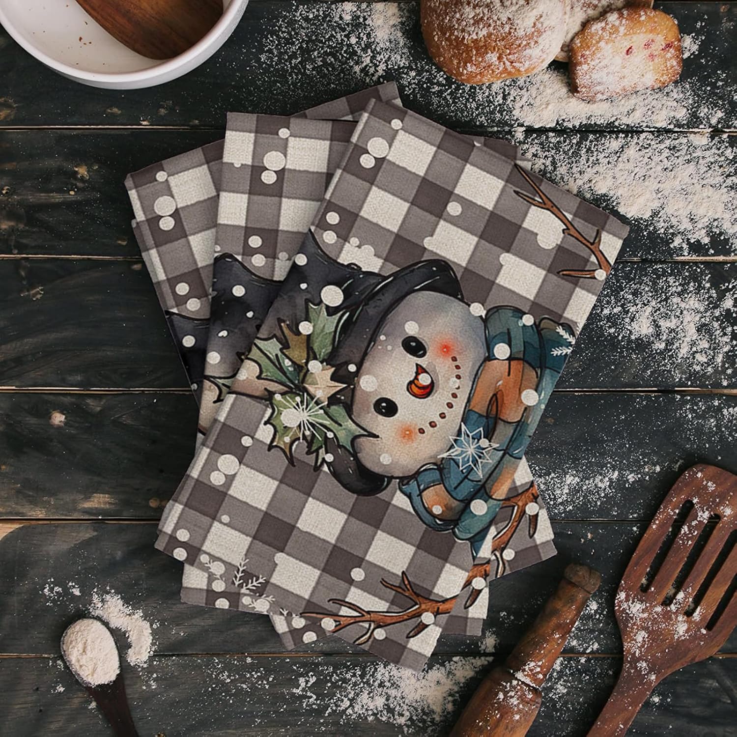ZOE GARDEN Buffalo Plaid Snowman Dish Towel - 18x28 Quick Dry Christmas Design