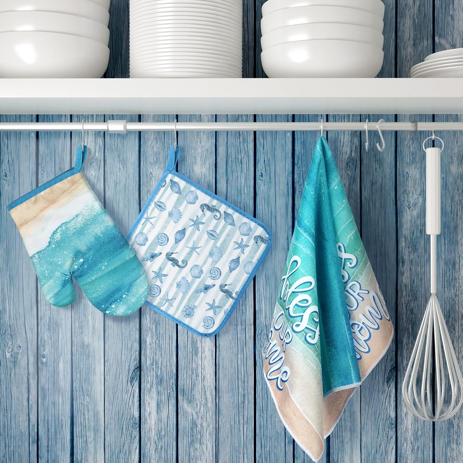 Leinuosen Ocean Pattern Dish Towels and Oven Mitts Set
