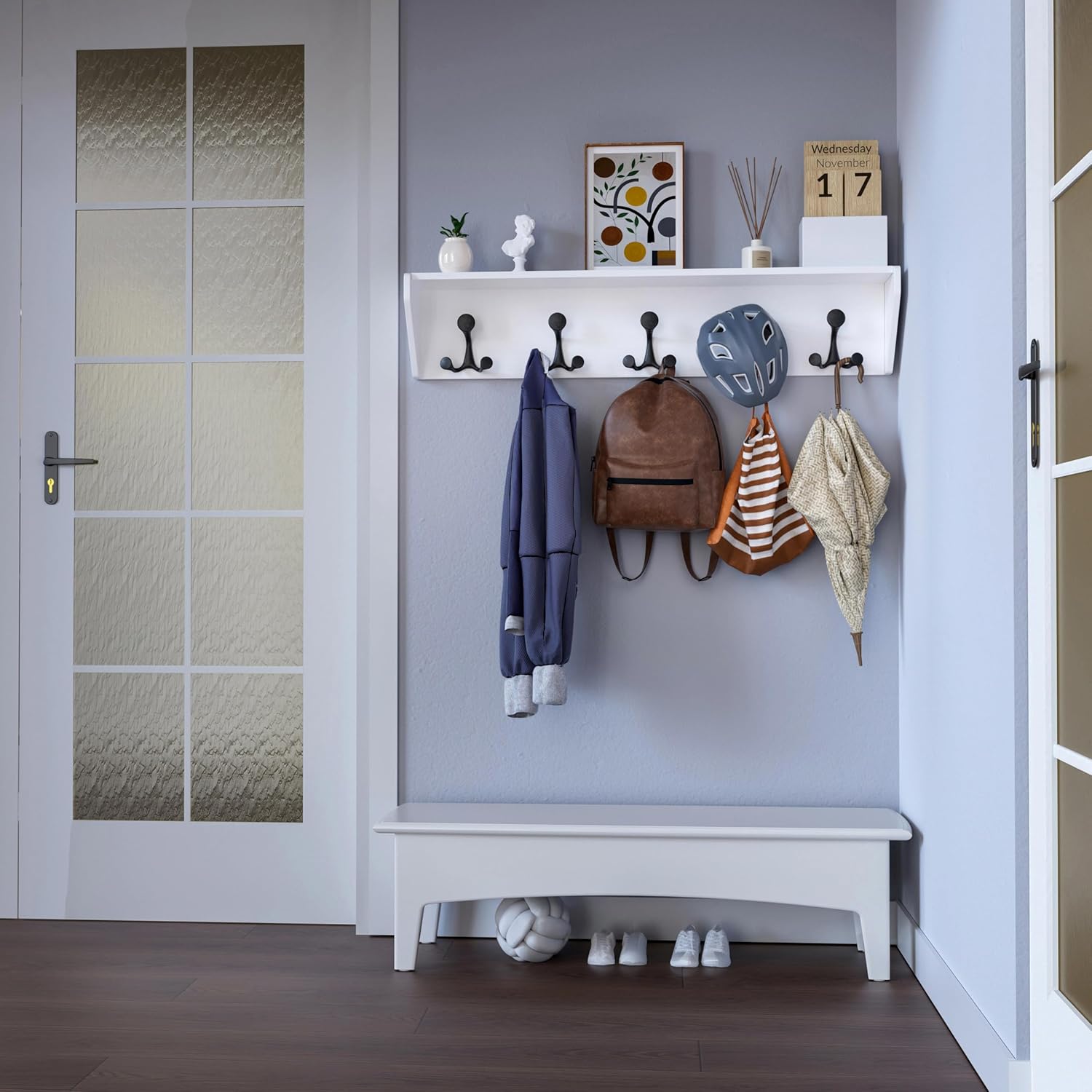 SKOLOO Wall Shelf with 5 Hooks - 24 Inch White Coat Rack