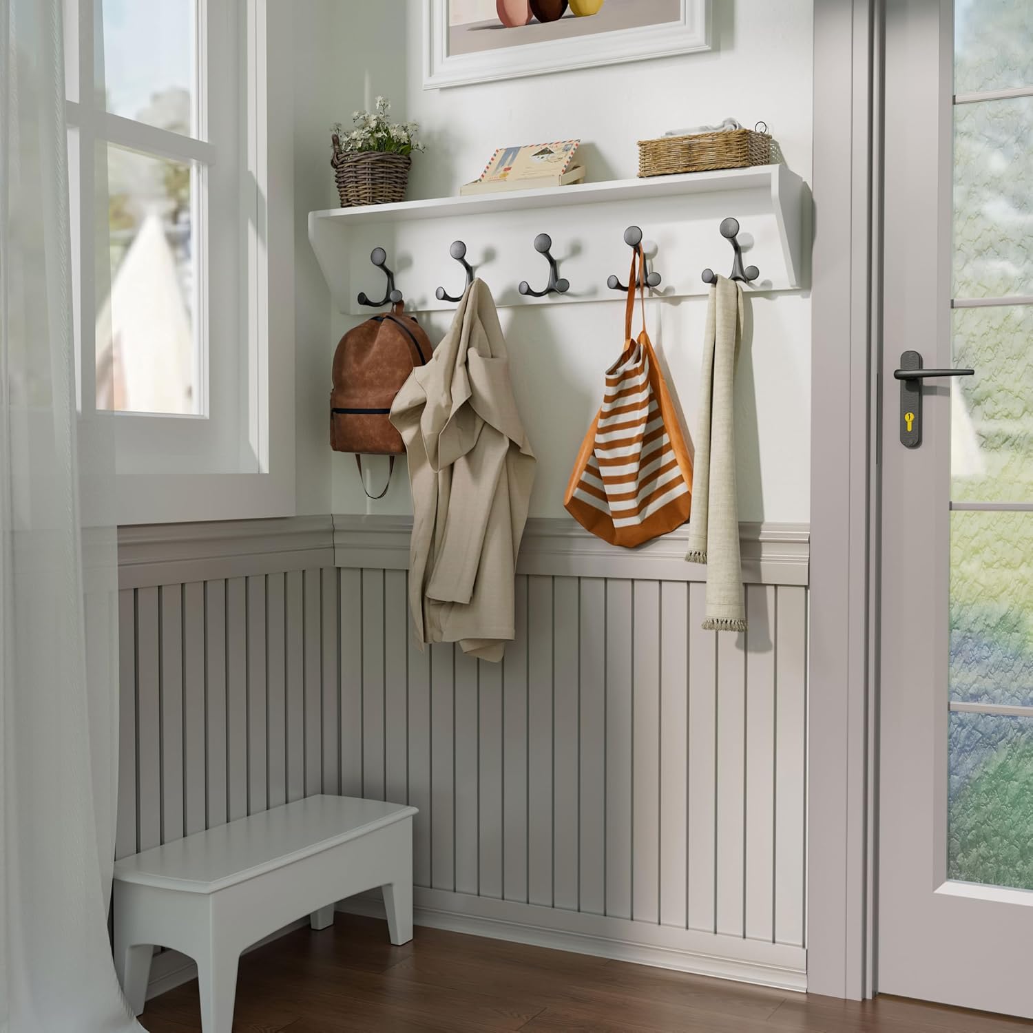 SKOLOO Wall Shelf with 5 Hooks - 24 Inch White Coat Rack