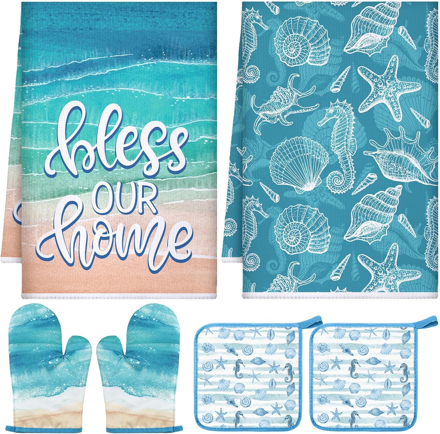 Leinuosen Ocean Pattern Dish Towels and Oven Mitts Set